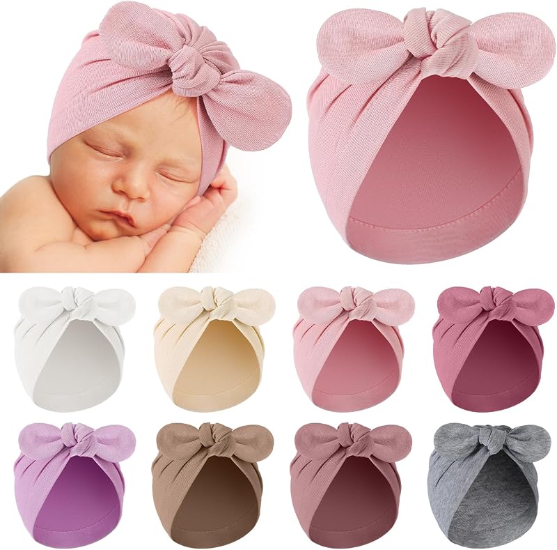 Suhine 8 Pcs Preemie Hats for Baby Girls Boys Cotton Premature Knot Hats Newborn Hospital Cap Warm Nicu Beanie (Rabbit Style)