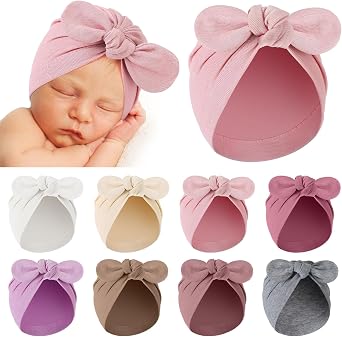 Suhine 8 Pcs Preemie Hats for Baby Girls Boys Cotton Premature Knot Hats Newborn Hospital Cap Warm Nicu Beanie Rabbit Style