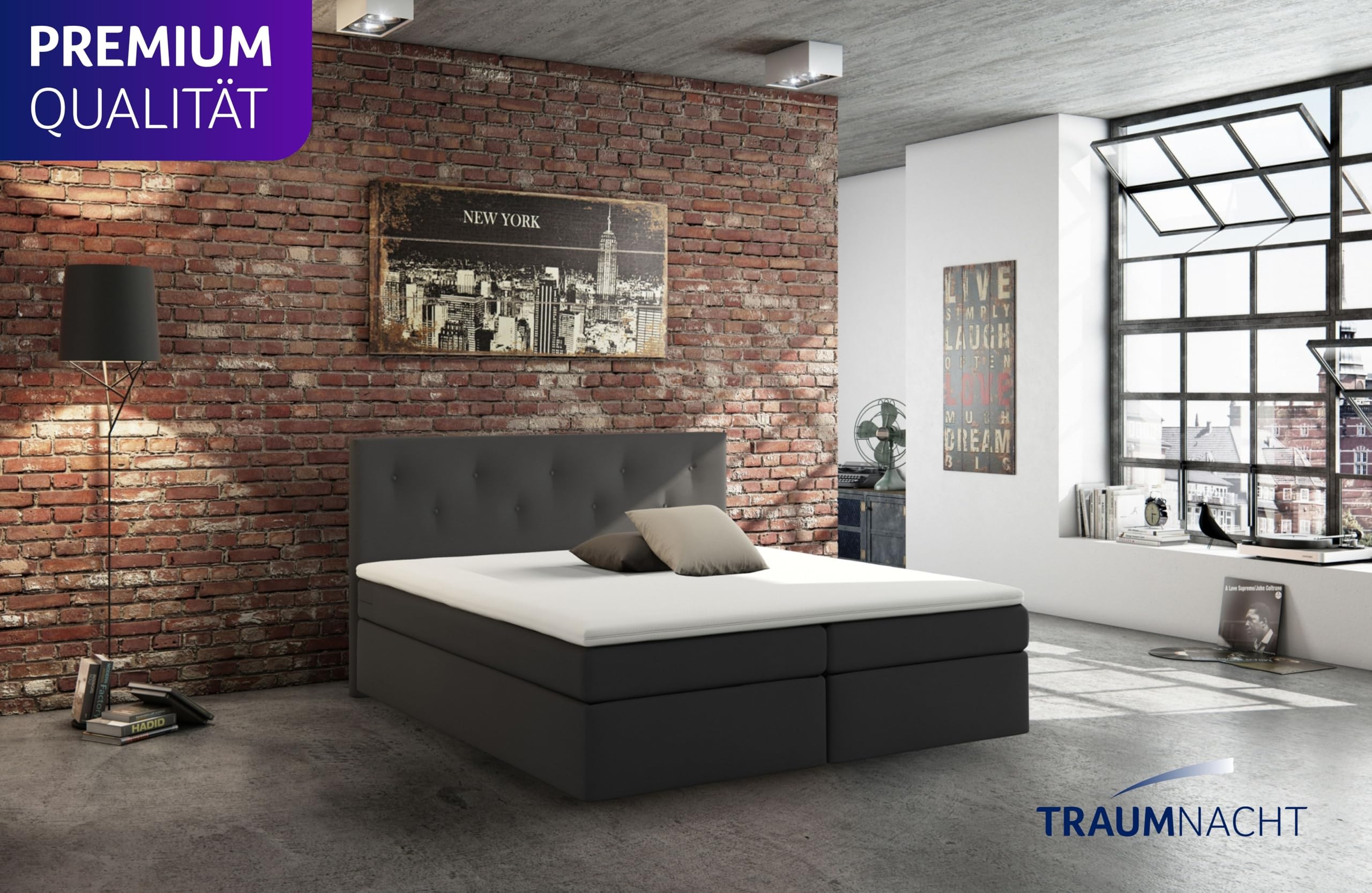Traumnacht Boxspringbett, mit 7-Zonen Tonnentaschenfederkernmatratzen (H3) und Komfortschaumtopper, leichter Aufbau, produziert nach deutschem Qualitätsstandard, 180 x 200 cm in grau