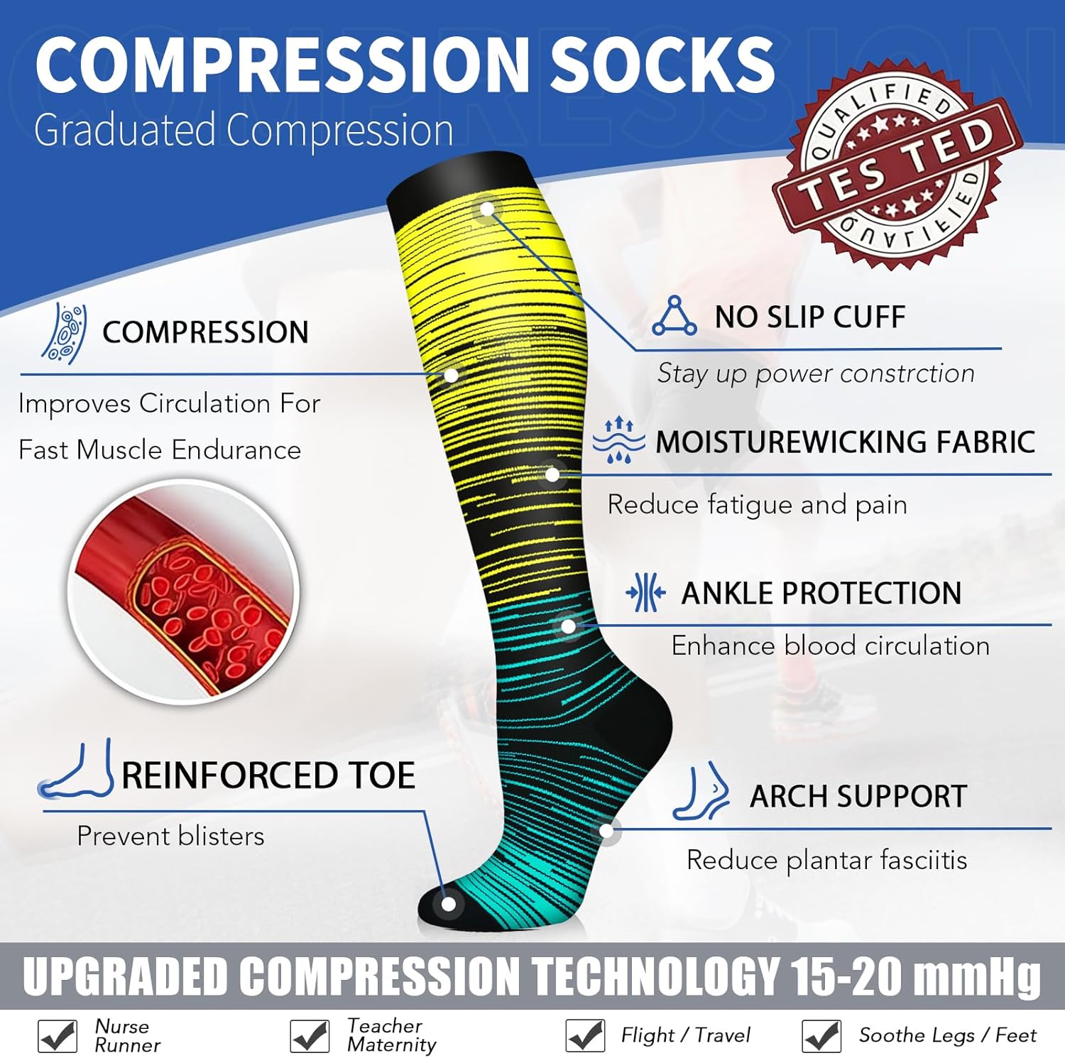 Sooverki Copper Compression Socks for Men & Women 8 Pack 15-20mmHg - Knee High Stockings Best Support for Running Athletic - Image 6