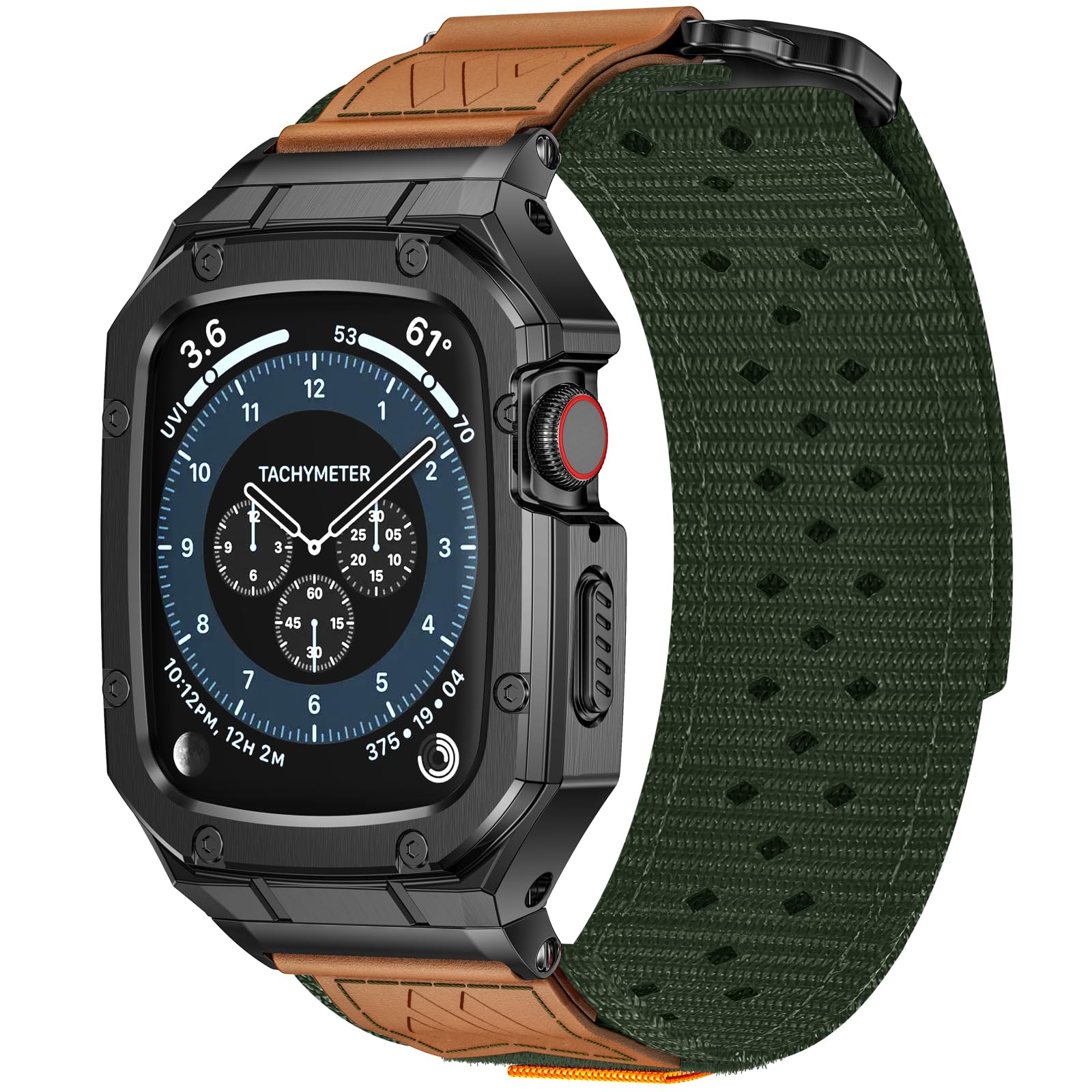 BAITEYOU Band with Case Compatible with Apple Watch Band 45mm Series 9 8 7, Nylon Strap with Stainless Steel Metal Rugged Case Cover for iwatch Bands for Men