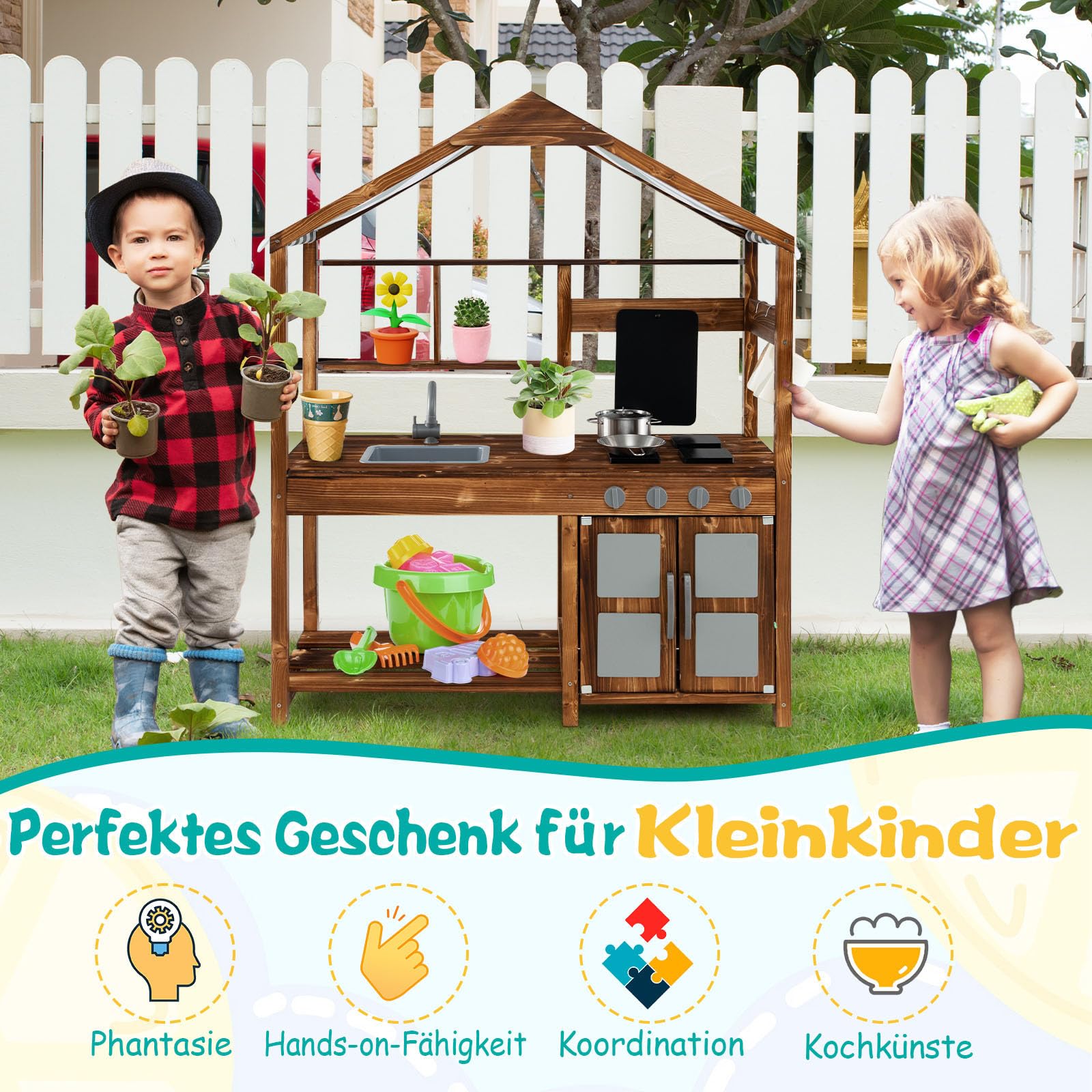 GOPLUS Matschküche Kinder Outdoor, Spielküche mit Vordach, Tafel, 4 Herdplatten, abnehmbarem Waschbecken & Küchenzubehör, Kinderküche Rollenspielküche mit Stauraum für Kinder ab 3 Jahren, Natur