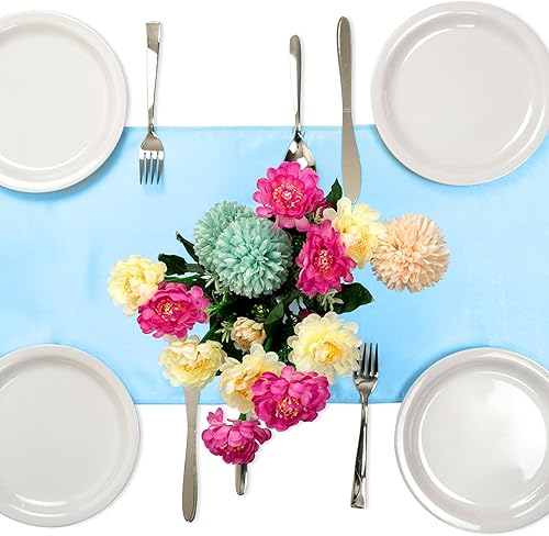 Miniatura 3 de Paquete de 12 caminos de mesa de satén azul bebé de 12 x 108 pulgadas de largo, decoración de mesa brillante, suave y sedosa para decoración de mesa