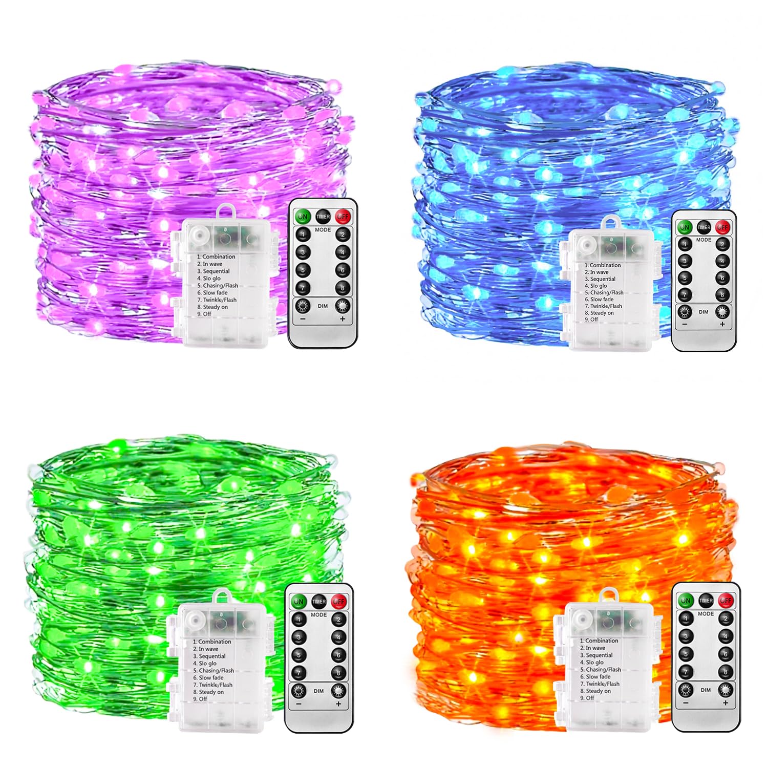 Battery Fairy Lights - 4 Pack Blue/Green/Purple/Orange, 10m 100 Led Copper Wire Fairy Lights, 8 Modes Remote Control Timer, Waterproof String Lights Battery Operated, Christmas Decoration Indoor