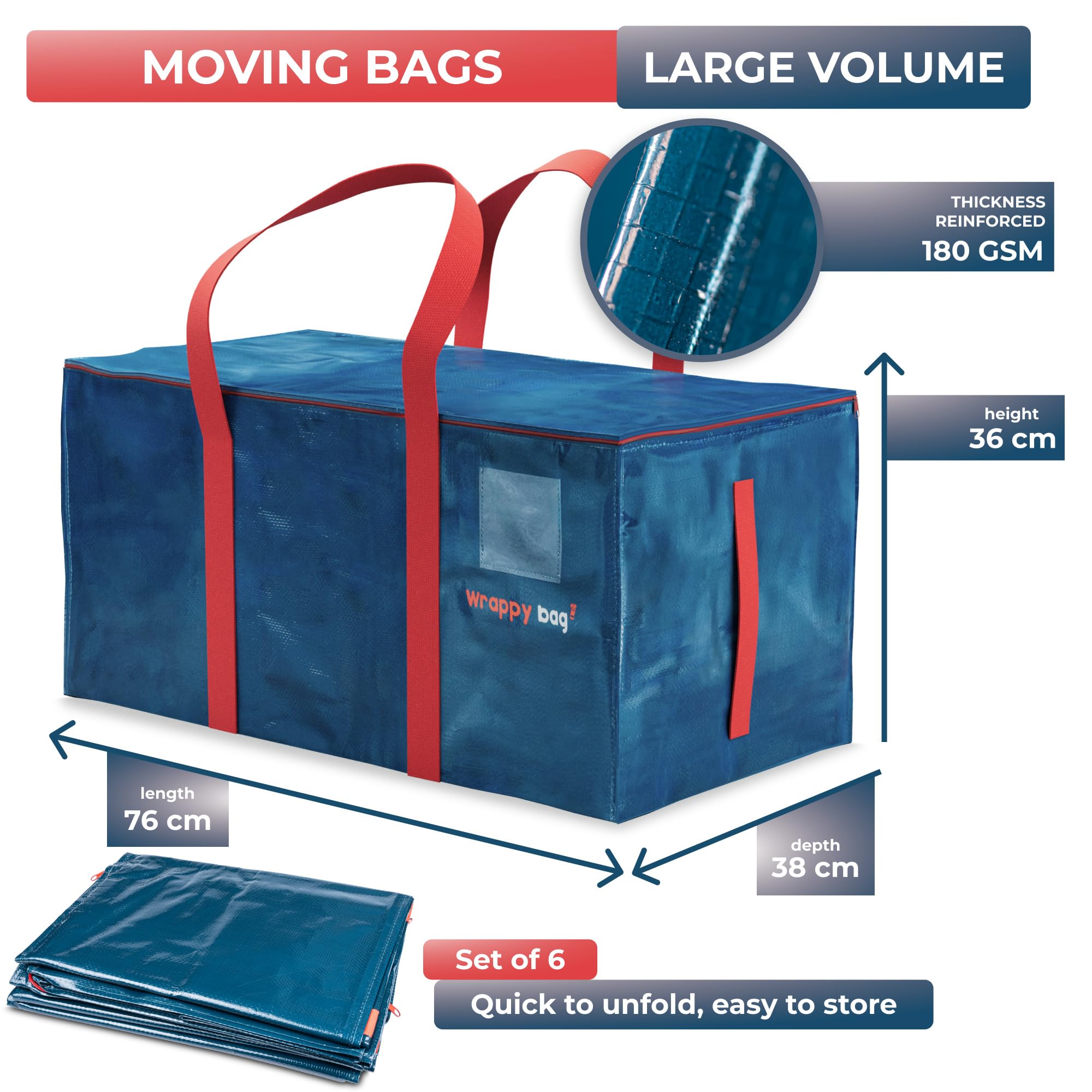 WRAPPYBAG Set di 6 Borse in Plastica Grandi – Borse XXL per Traslochi e Viaggi – Robusta, Spessa e Impermeabile con Manici Rinforzati – per Vestiti e Biancheria da Letto – 75 x 36 x 38 cm