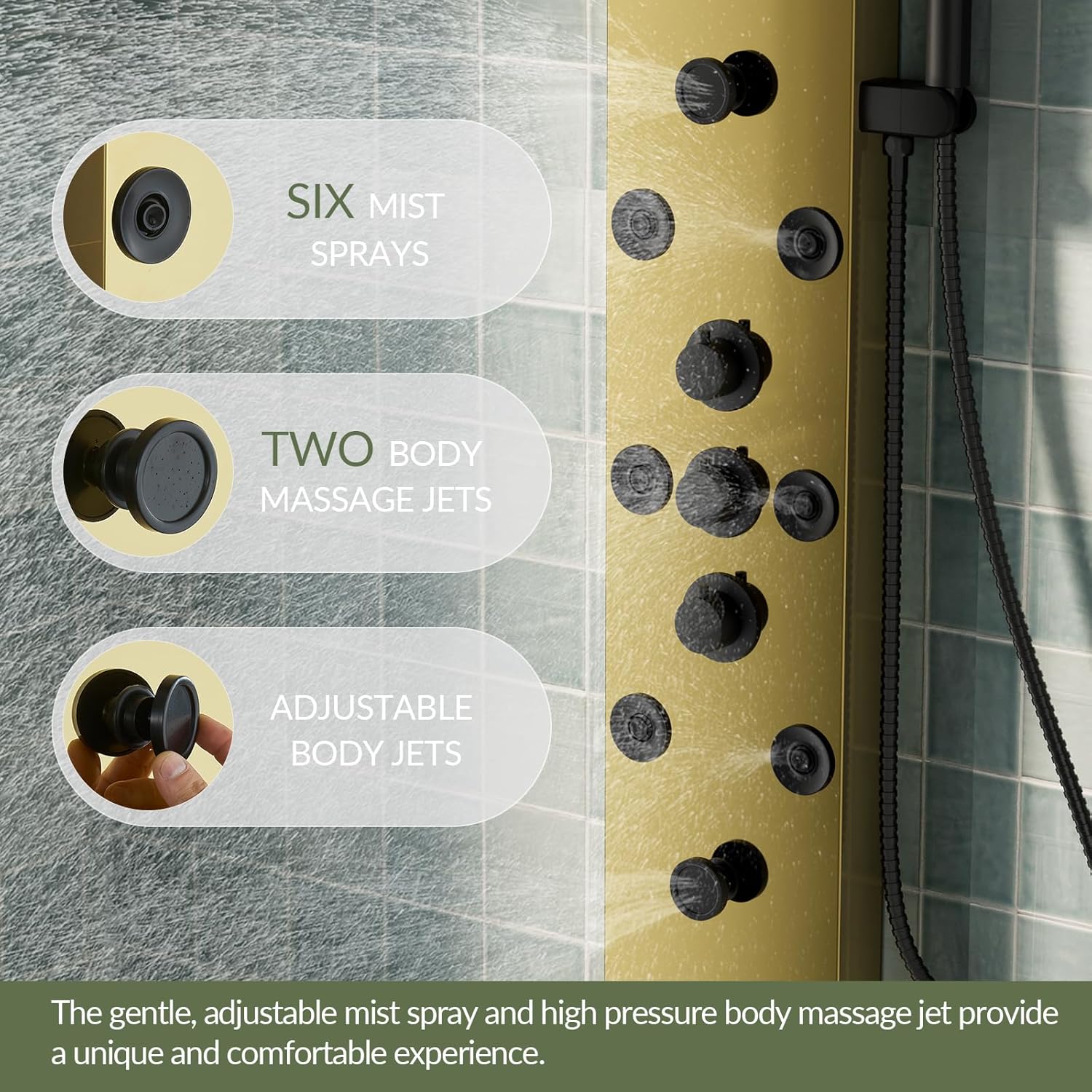 Shower Panel Tower System Stainless Steel LED Rainfall Waterfall Shower Head 5-Function Faucet Rain Massage System Wall Mount with 8 Body Jets, Handheld, and Tub Spout, Gold