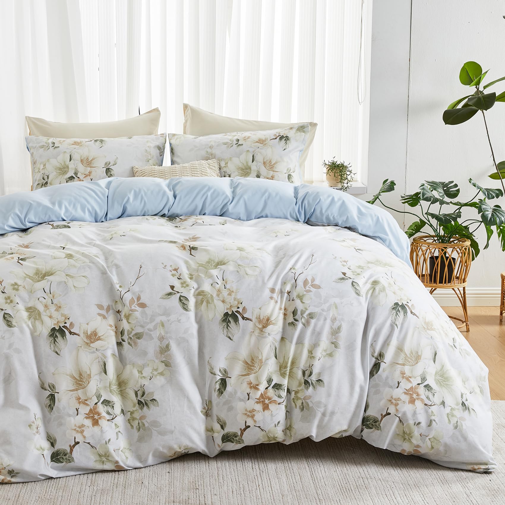 Qucover Duvet Cover Sets Super King Size, 3-Piece Rustic Style White BLue Duvet Cover 260x220 cm with 2 Pillowcases, Microfiber Floral Printed Duvet Cover Bedding Set with Metal Zipper and Corner Ties — image 1