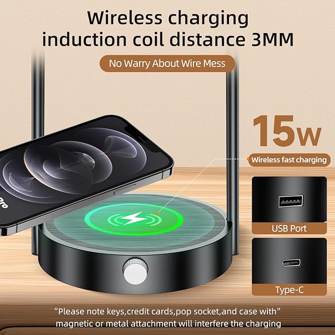 Koopala Koopala 15W Wireless Charging Bedside LED Table Lamps Set of 2, Modern Small Nightstand Lights with Type-C&USB-Port, Dimmable Night Desk Lamp for Reading Bedroom Dinner Living Room Home Office-Black photo 5