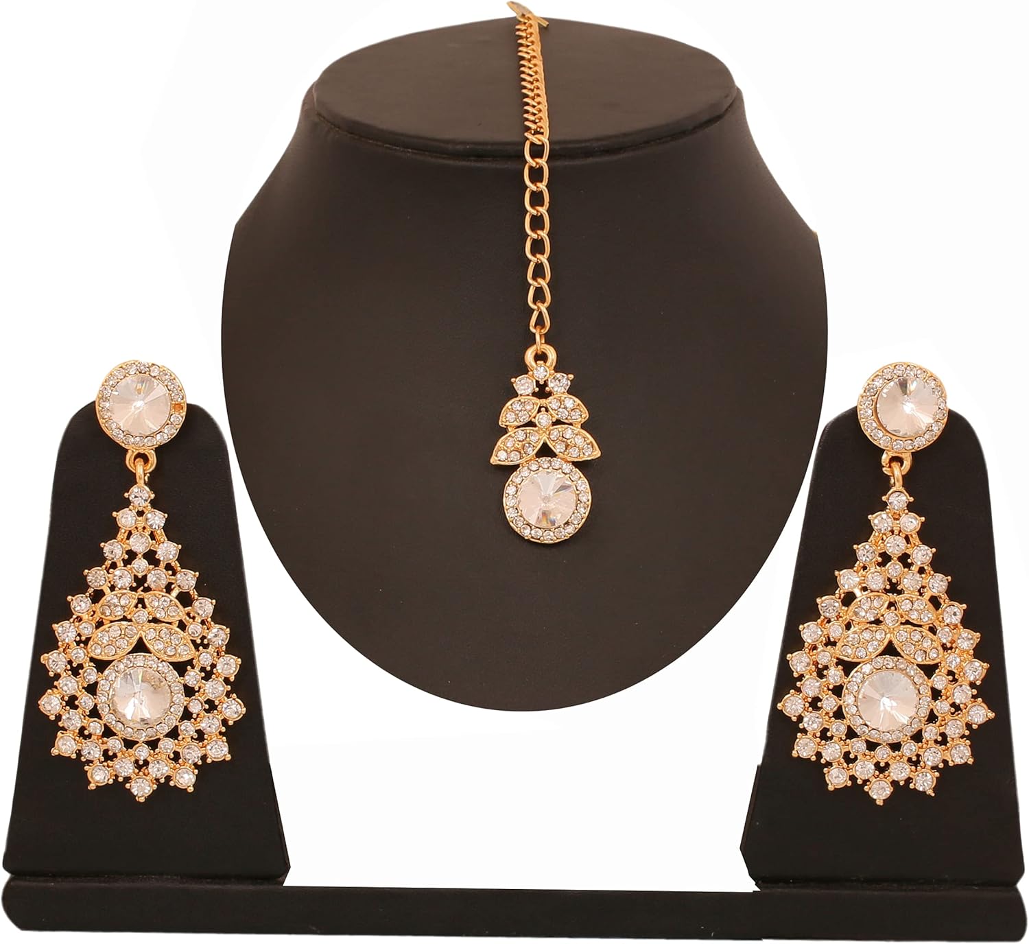 Touchstone Indian Jewelry Earrings maang Tikka Set for Women Head tika Forehead Hair Piece Combo Wedding Guest Gold Silver Chandelier Bollywood Style Bridal White Stone Simple Headpiece Accessories