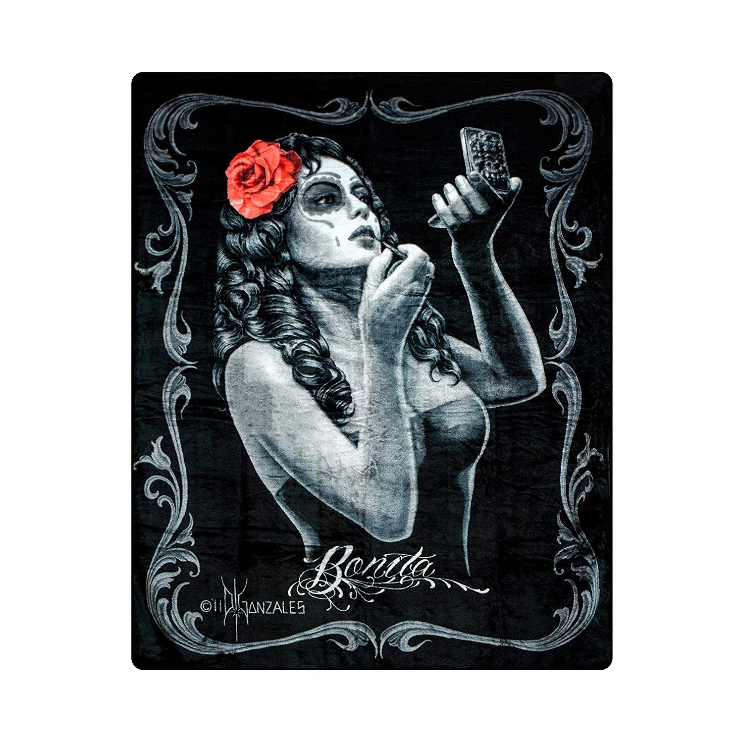 DGA Day of The Dead Rockabilly Bonita Red Rose Queen Size Plush Blanket