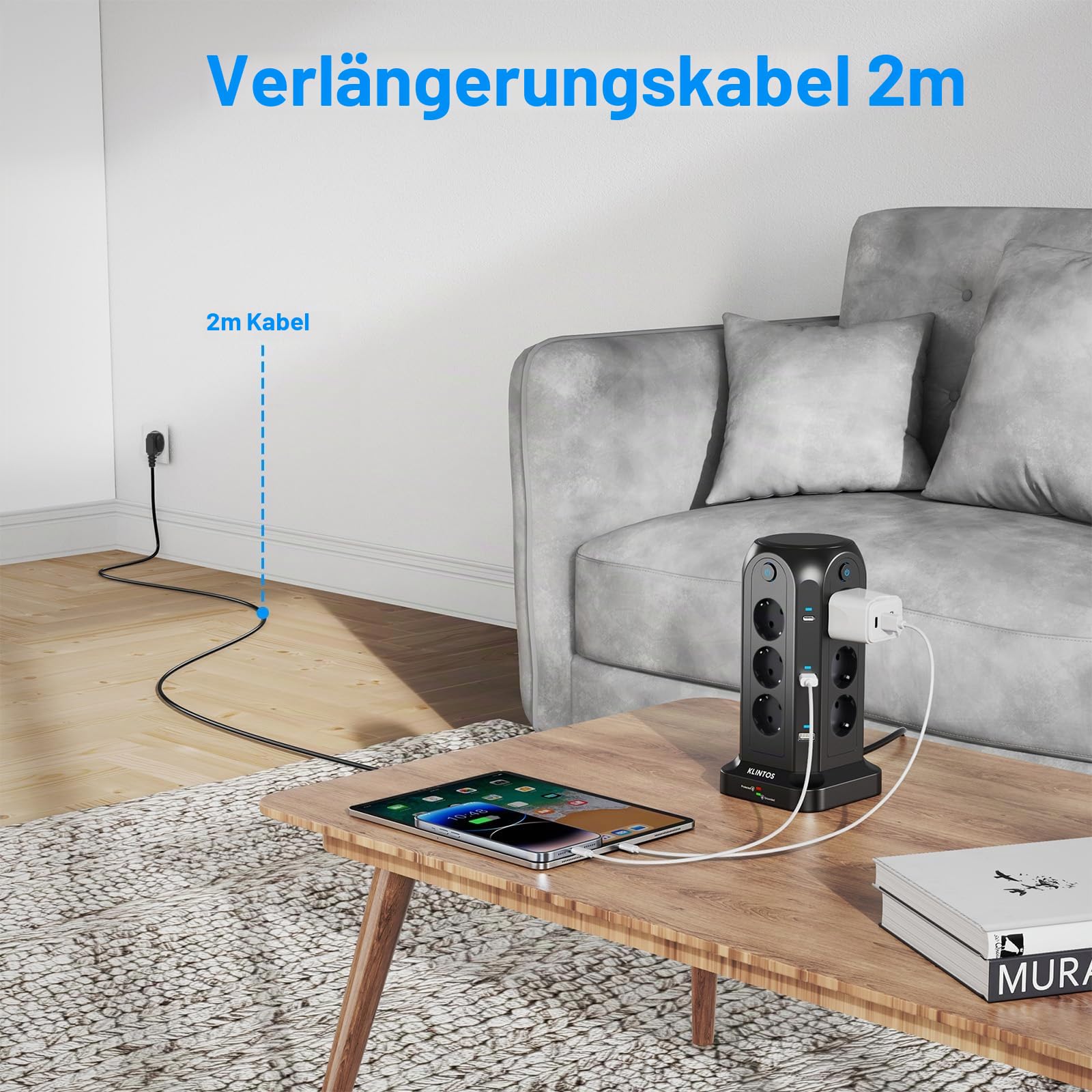 12 Fach Steckdosenleiste mit Schalter, 6 USB Mehrfachsteckdose Überspannungsschutz, Steckerleiste mit 2M Verlängerungskabel, Steckdosenturm Mehrfachstecker für Zuhause,Büro,Küche
