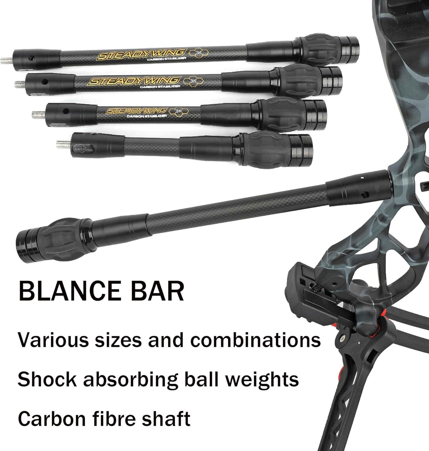 Archery Bow Stabilizer for Compound Bow, 6", 8",10",12",15" Carbon Fiber Blance Bar, Damping System and Shock Absorber Weights Kit