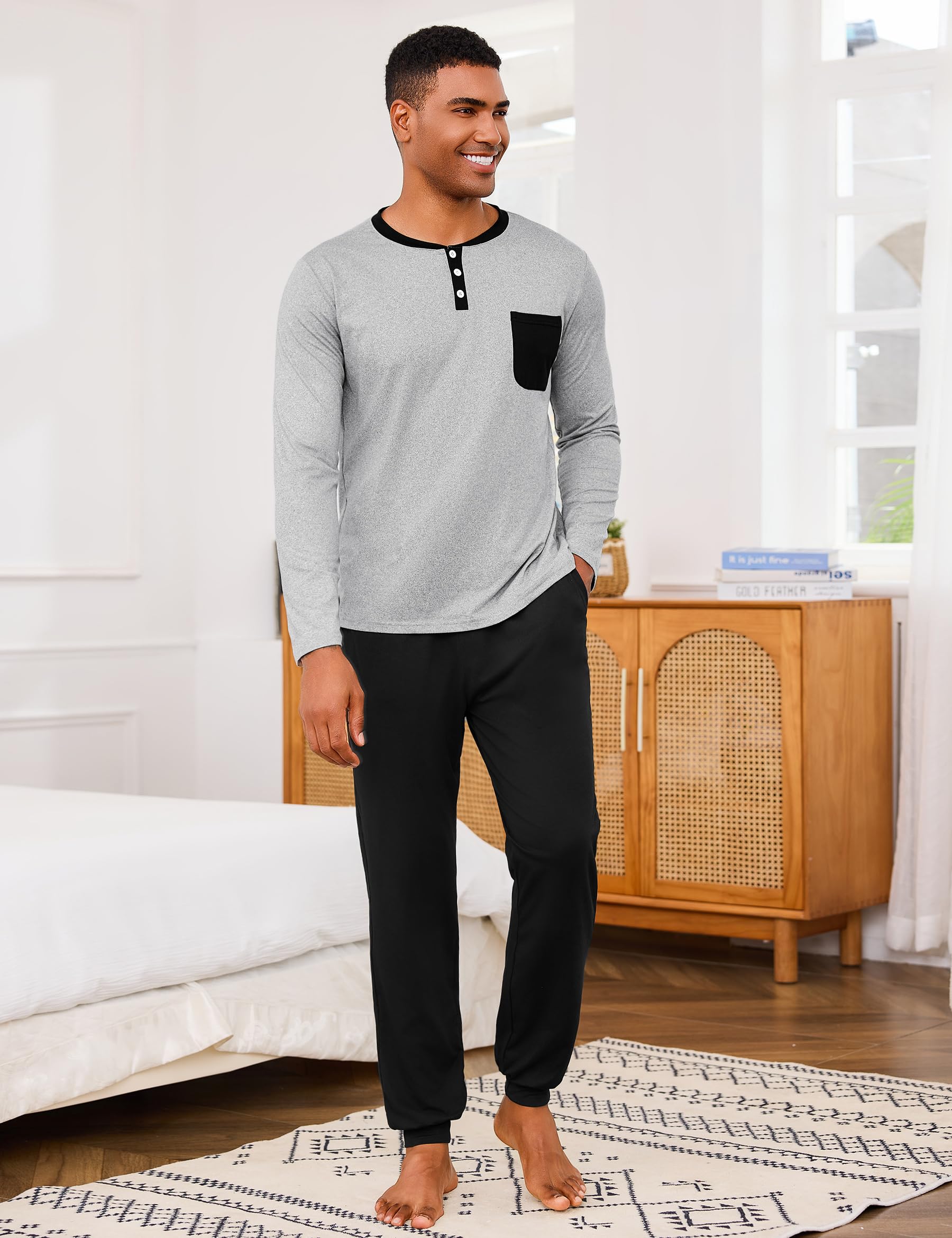 Uniexcosm Pigiama Uomo Cotone Lungo Pigiama A Due Pezzi da Uomo Abbigliamento da Casa