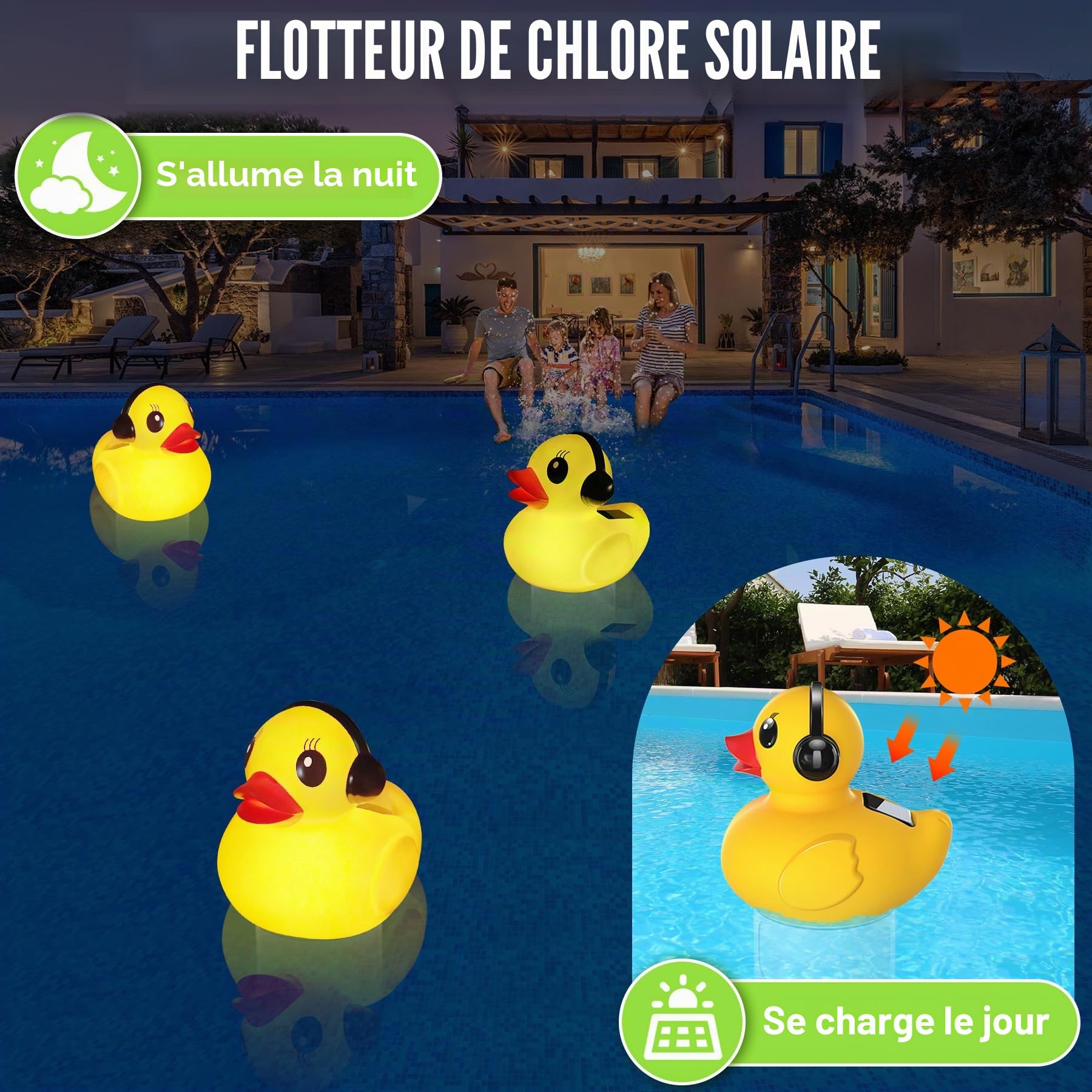 KingSom Diffuseur Chlore Piscine, Caneton Distributeur de Chlore Flottant, Diffuseur de Chlore pour Piscine avec Lumière Solaire, Fotteur Chlore Piscine à Débit Réglable, Doseur Diffuseur Flottant,Spa