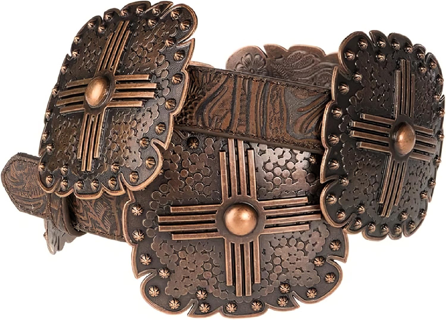 Angel Ranch Women’s Floral Embossed Leather Belt with Western Square Conchos and Removable Buckle - Image 2
