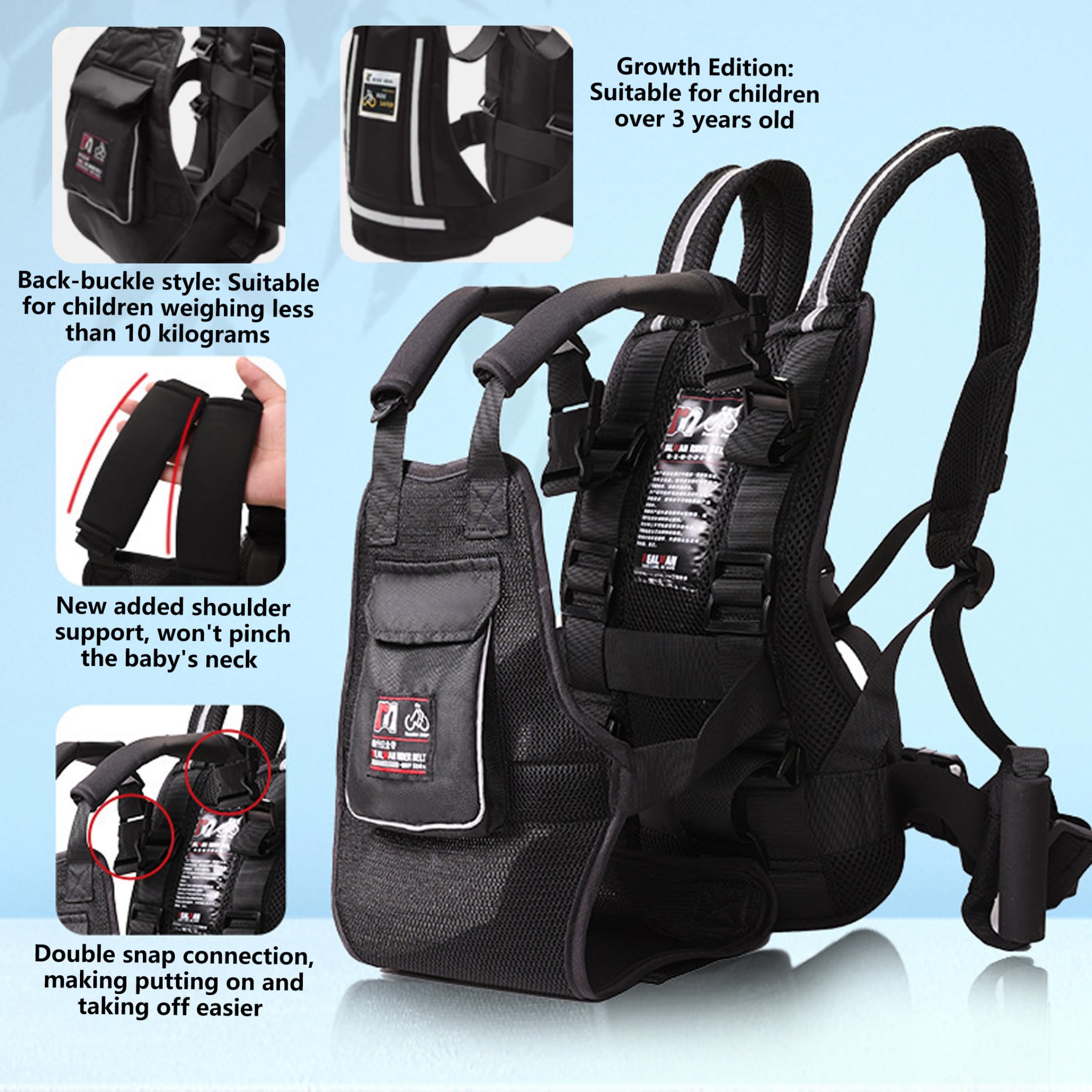 Imbracatura per per bambini, Imbracatura per per bambini, Gilet da viaggio più sicuro con design adatto al collo, Nero, 8, 66x12, 99x2, 36 pollici