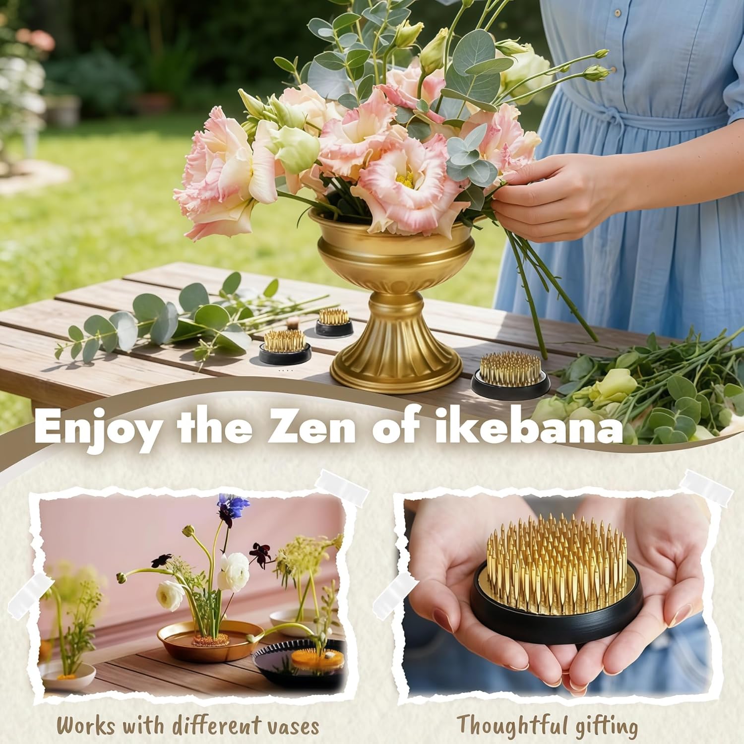 3 Pcs Flower Frogs for Flower Arrangements Supplies, Japanese Flower Arranging Ikebana Kenzan, Pin Frogs for Flowers Holder with Rubber Base Flower Fixed Tools(Gold, 1.3 Inch, 1.57 Inch, 1.97 Inch) - Image 4