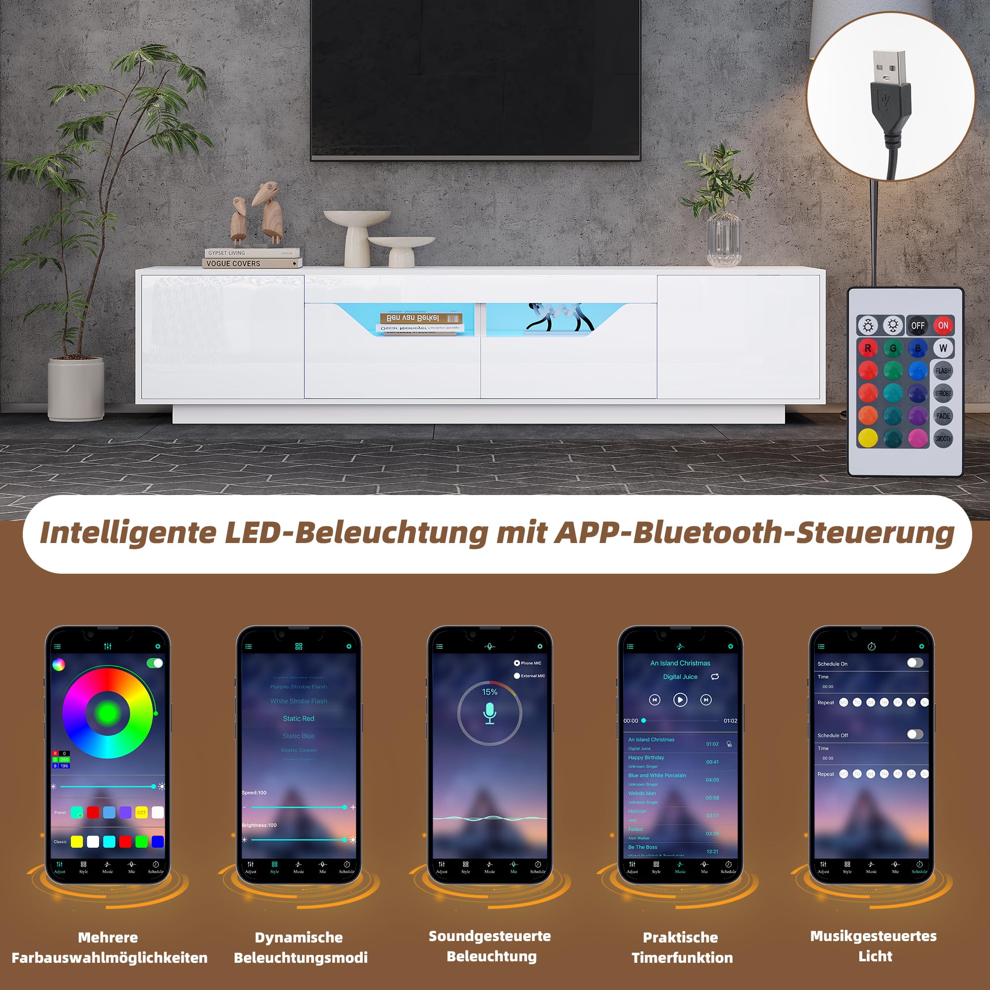 BTM 180x40x45cm Standfernsehschrank, Lowboard Mit 2 Schubladen und 2 Schränken,Hochglanz-TV-Schrank mit LED-Leuchten,TV-Board, Fernsehtisch,Geeignet für 75-Zoll-Fernseher,Weiß