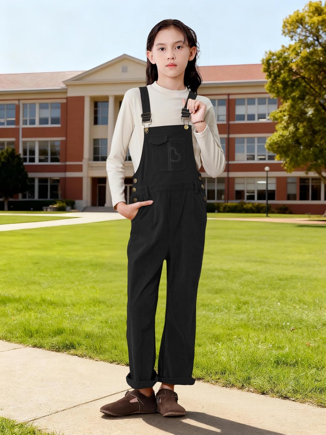 Rolanko Girls Corduroy Overalls, Adjustable Straps Jumpsuits with Pockets Vintage Wide leg Bib Pants for Kids