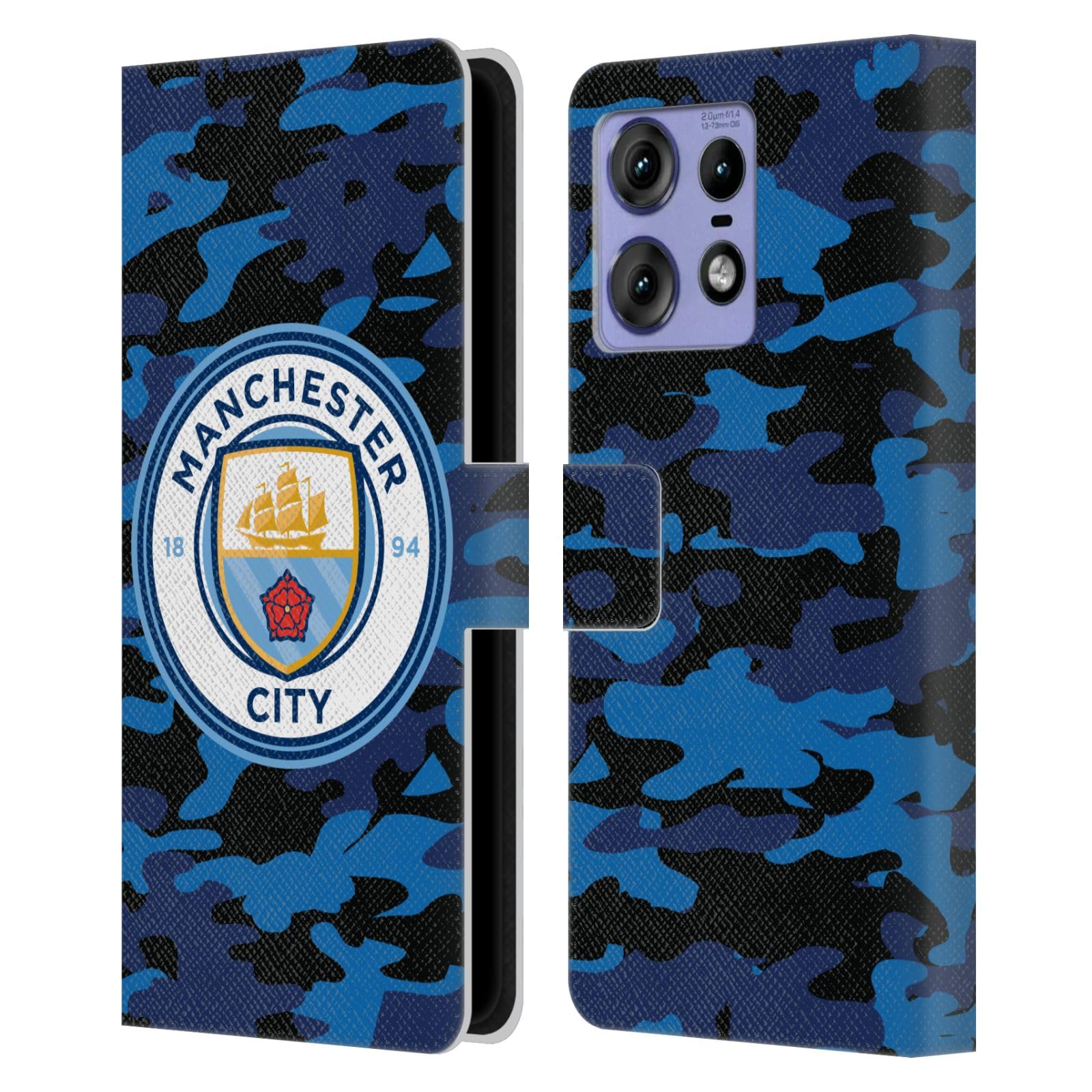 Head Case Designs Officially Licensed Manchester City Man City FC Dark Blue Moon Badge Camou Leather Book Wallet Case Cover Compatible with Motorola Edge 50 Pro