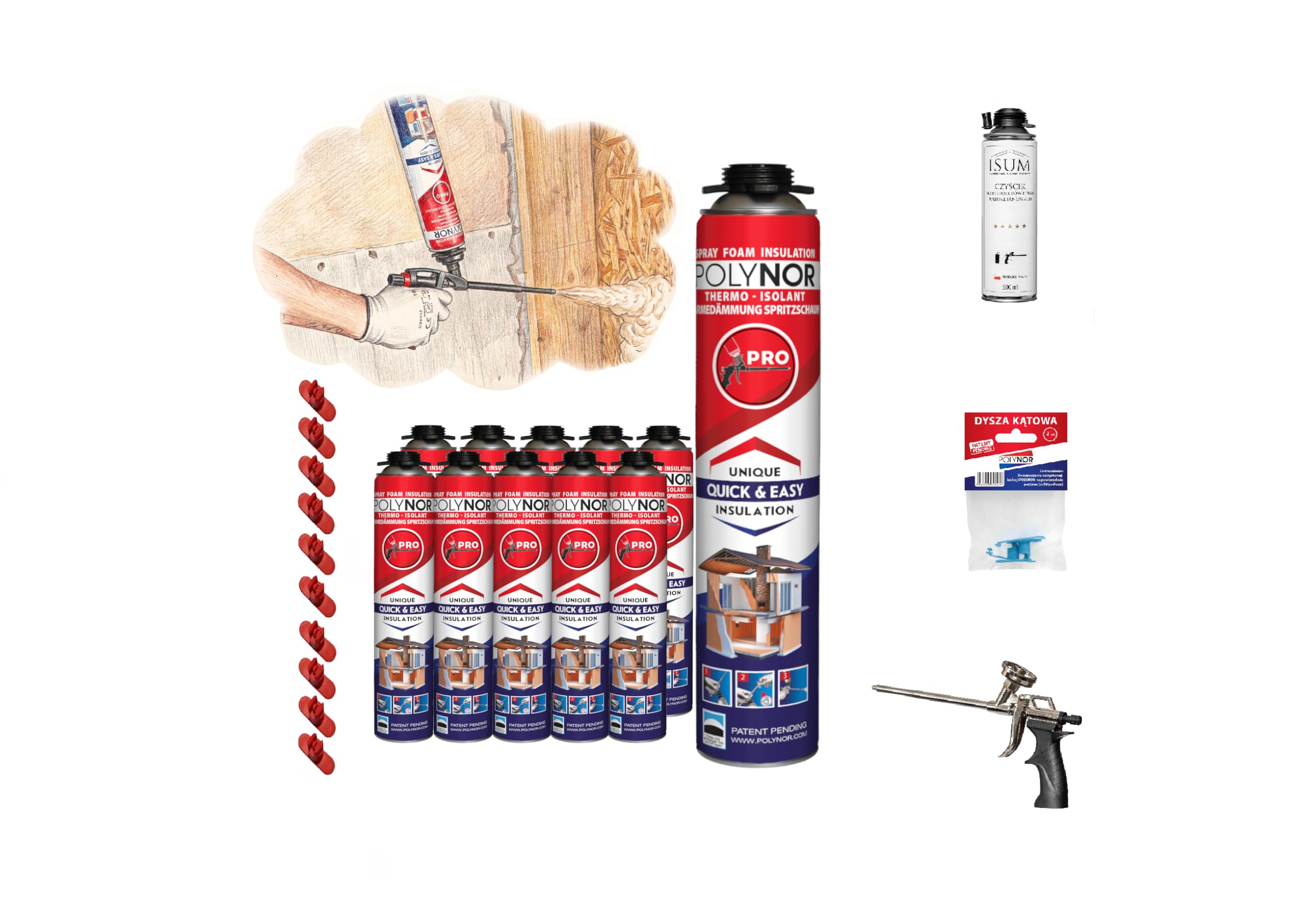 POLYNOR Isolation thermique PUR en bombe PRO - Kit complet 24 pièces - 10 mousses - Pistolet à mousse - Isolation thermique par pulvérisation - Isolation des murs, toitures - Aérosol 750 ml