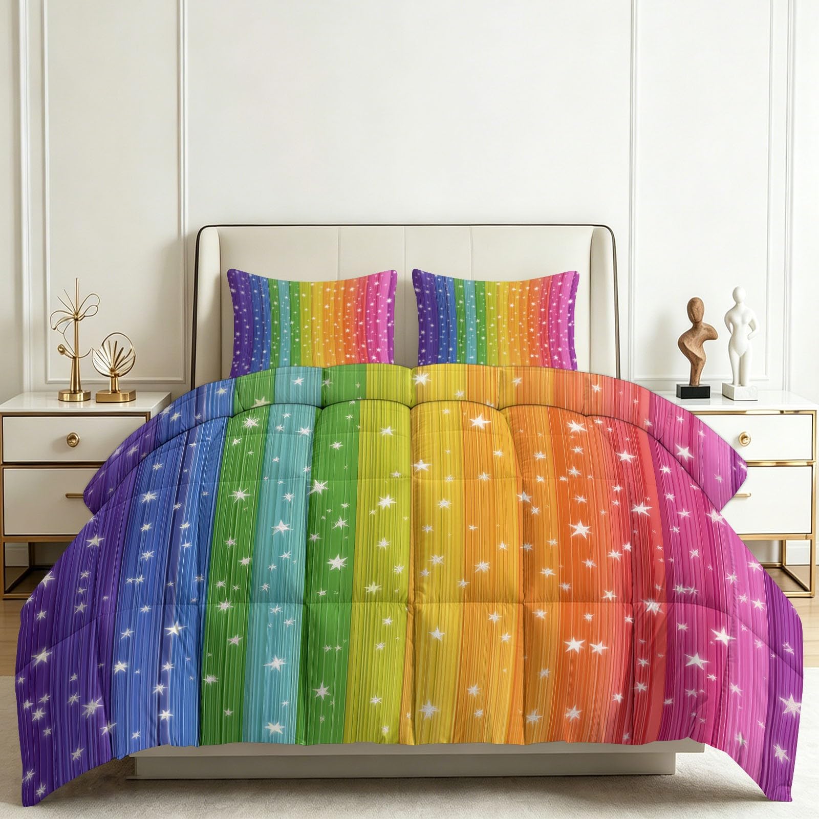 Couette 140x200 arc-en-ciel avec 2 taies d'oreiller pour lit 1 personne
