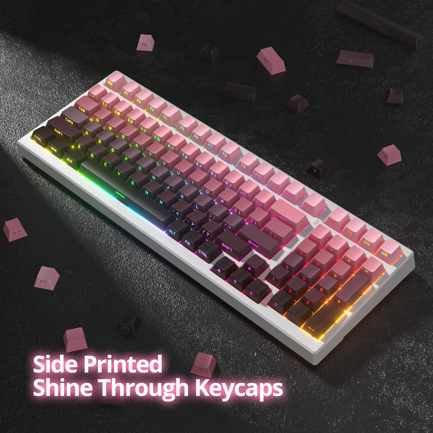 PBT Gradient Red Keycaps Side Printed Set Shine Through Cherry Profile Double Shot Custom Minimalist Style for Mechanical Keyboard (Dark Plum)