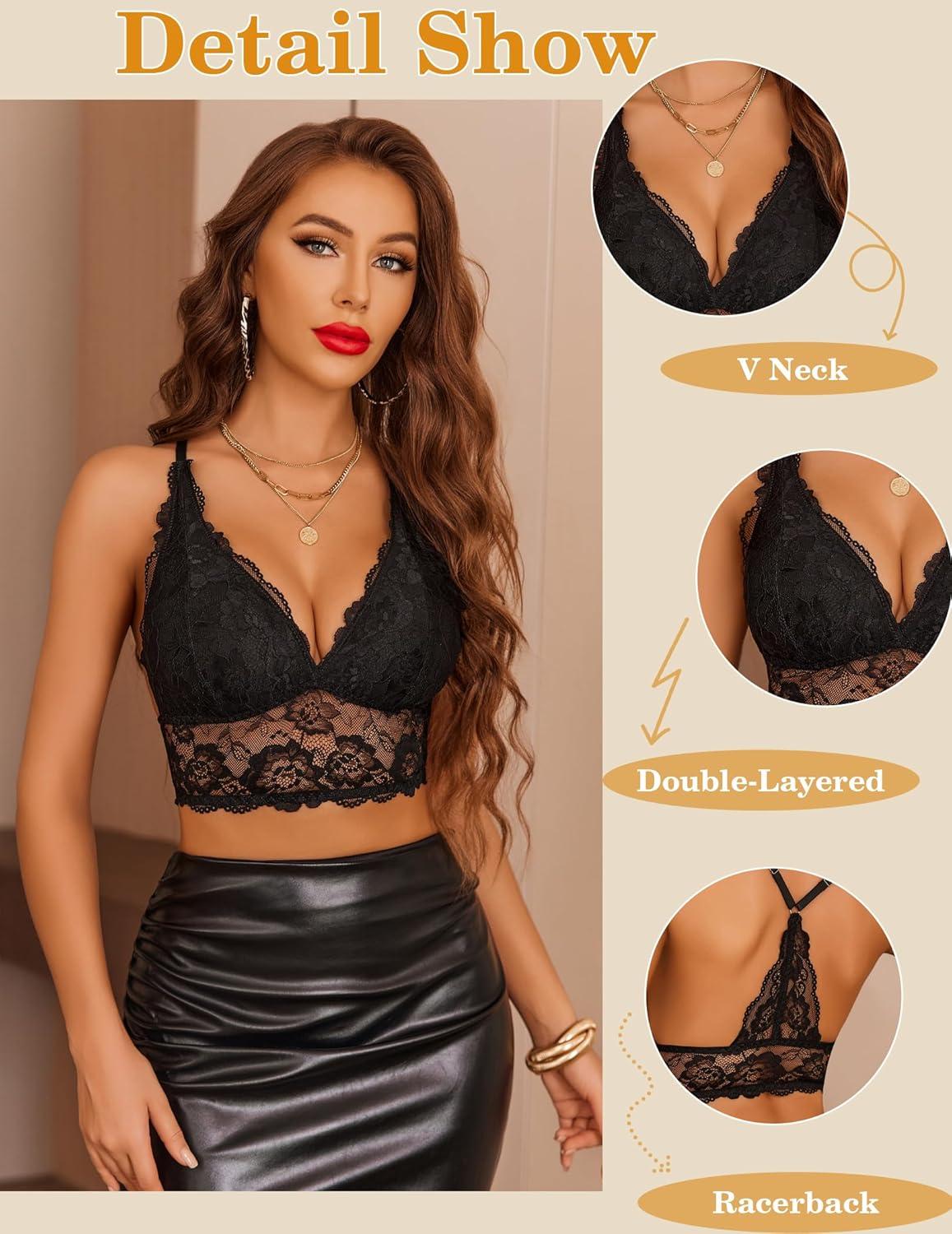 Avidlove Bralettes for Women Lace Wireless Bra V Neck Racerback Crop Top Adjustable Lingerie No Padded - Image 3