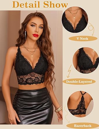 Avidlove Bralettes for Women Lace Wireless Bra V Neck Racerback Crop Top Adjustable Lingerie No Padded