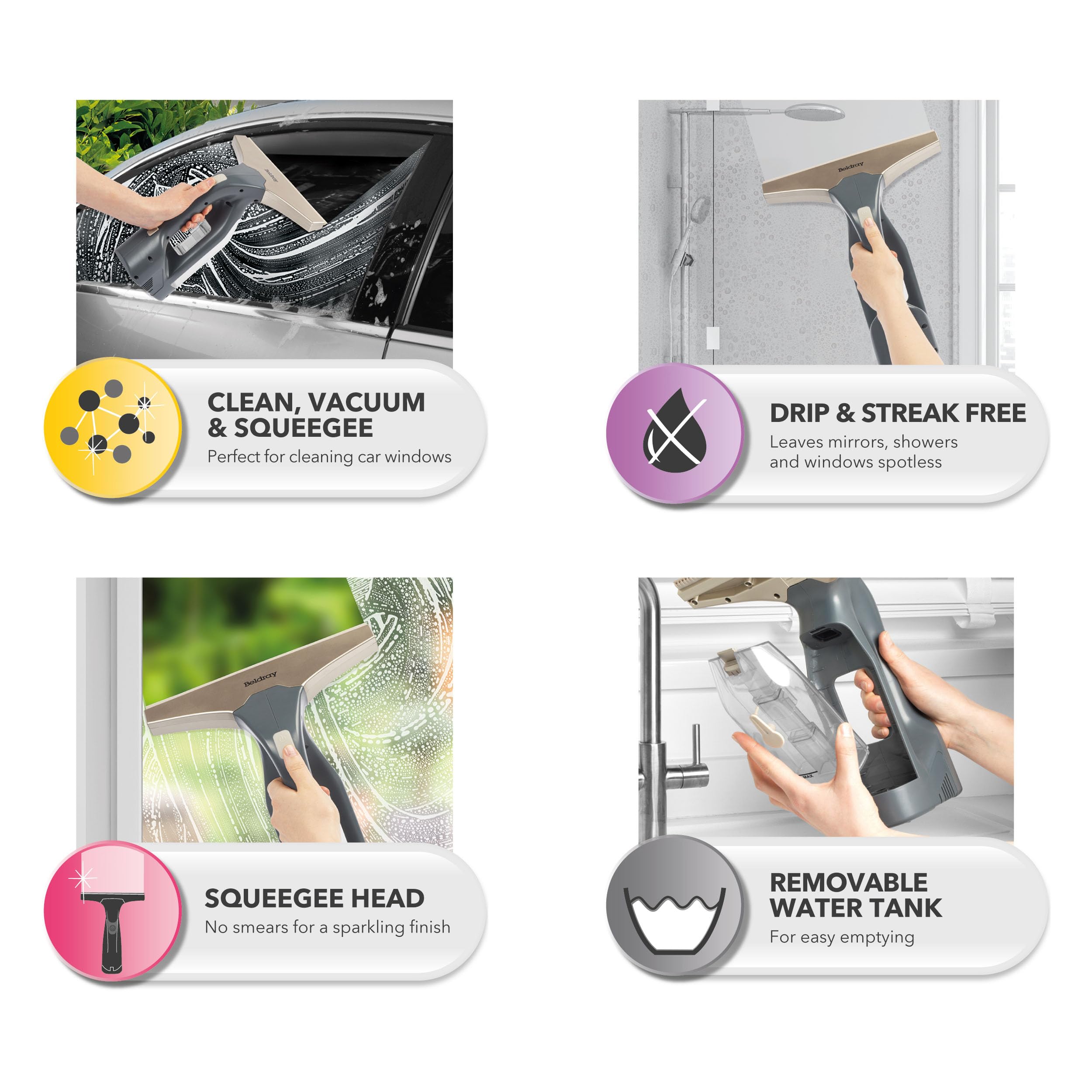 Beldray Cordless Window Vacuum Plus – Handheld & Rechargeable Vac for Streak Free Windows, Mirrors & Glass Cleaning, 100 ml Removable Water Tank, Includes Spray Bottle & Wipe Pad, Titanium, BEL01985