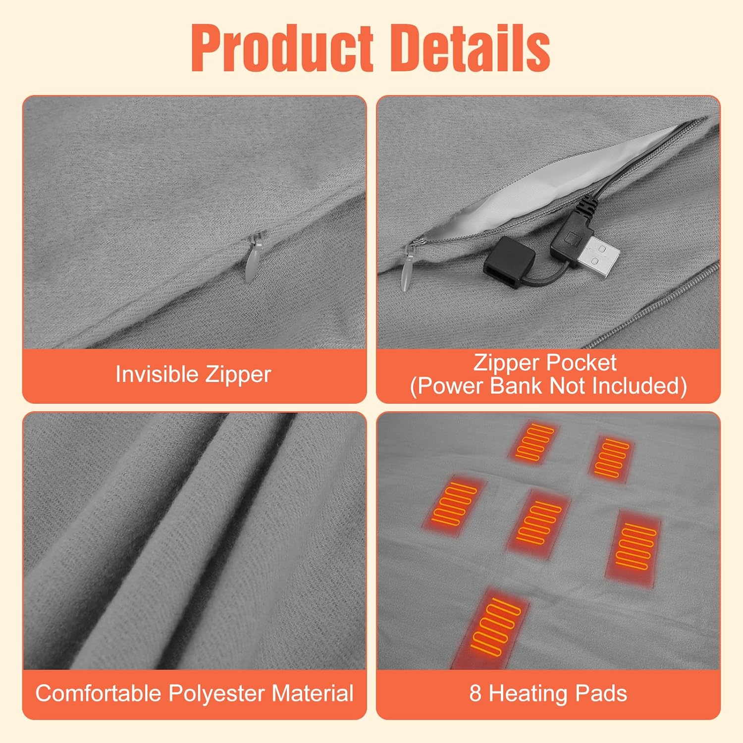 USB Heated Blanket Throw, Portable Wearable Electric Heating Blanket Shawl with Zipper 3 Heating Levels 8 Heating Zones, Washable for Outdoor Home Office