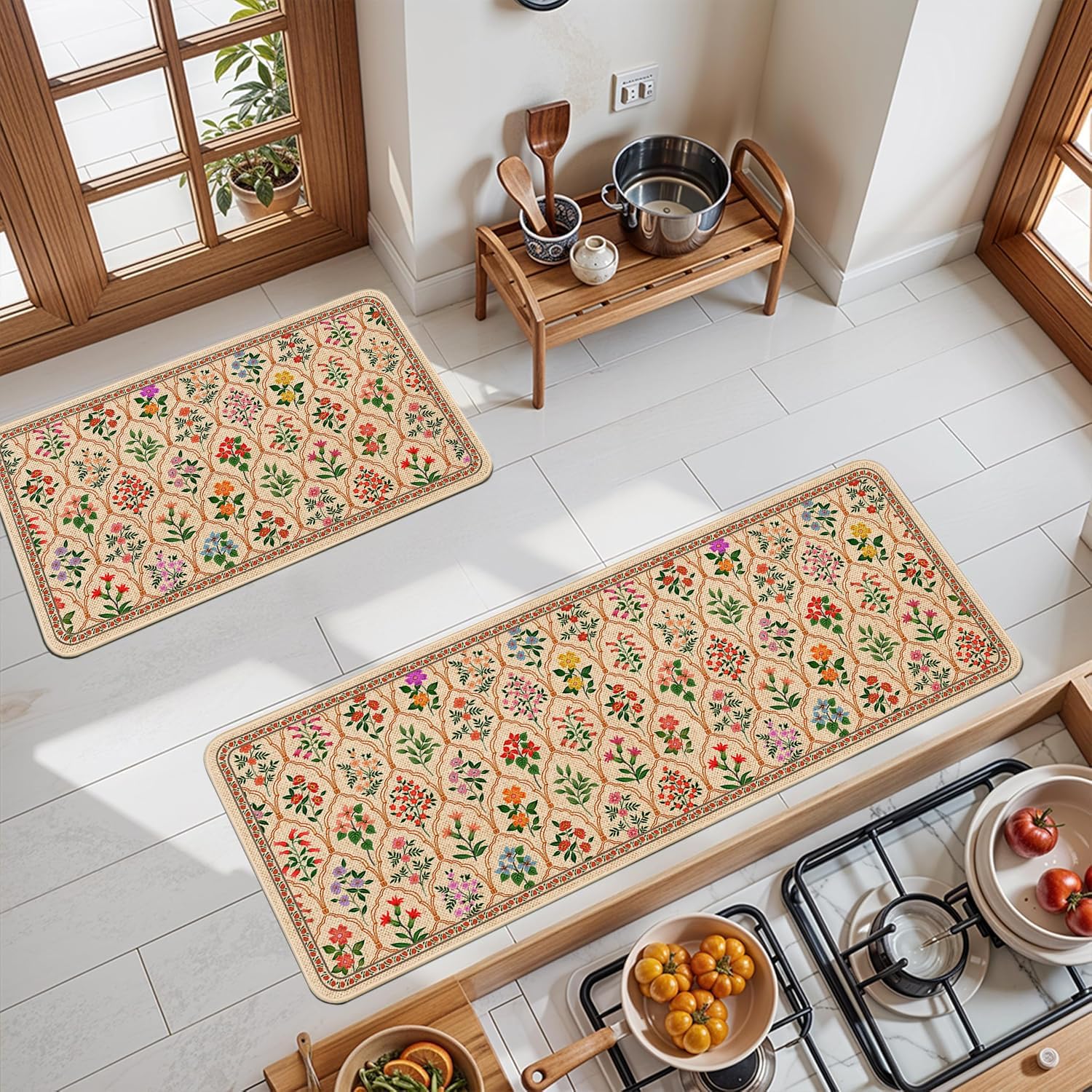 Spring Summer Floral Kitchen Mats for Floor 2 Piece, Farmhouse Vintage Botanical Flower Spring Summer Kitchen Rugs Non Slip Washable Home Decor Indoor Outdoor Door Mat