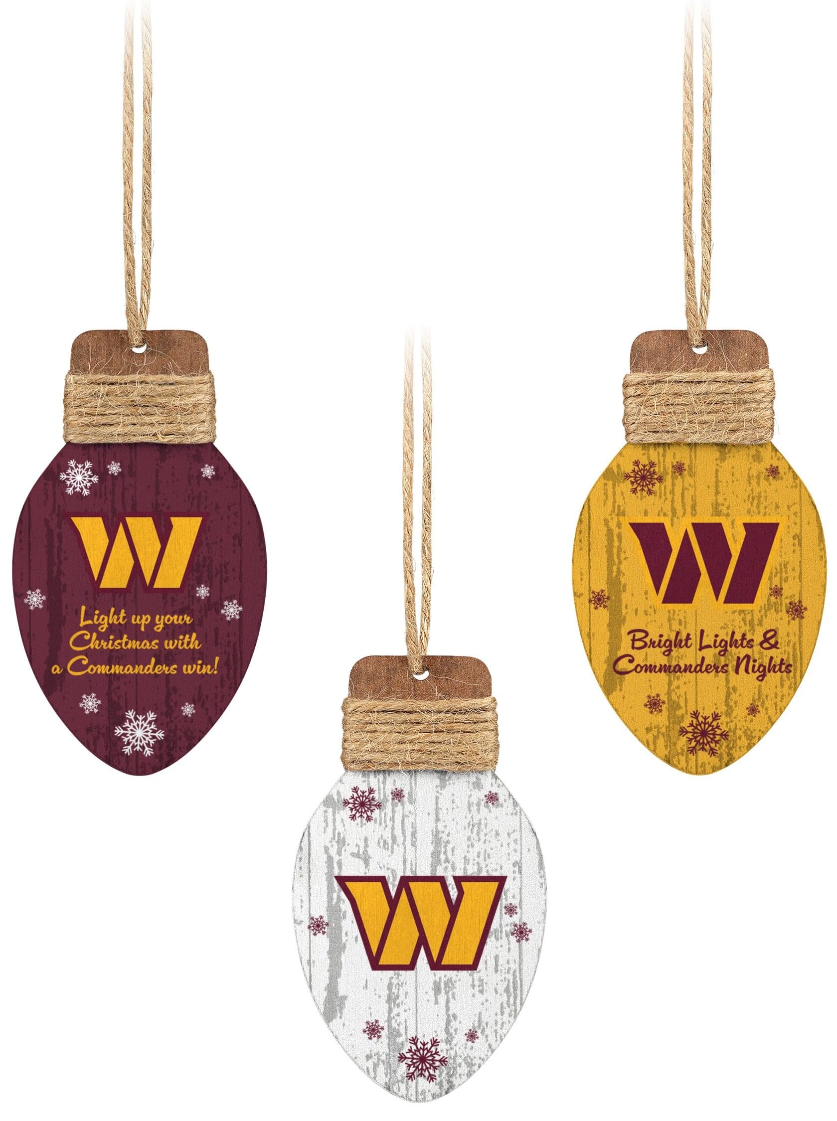 Foco Multi Color Washington Commanders Nfl 3 Pack Wooden Holiday Lights Ornament Set