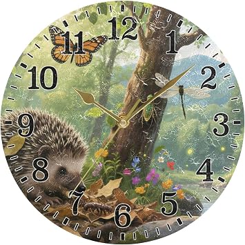 JUNZAN Hedgehog in Safari Round Bathroom Clocks Wallclocks 10 Inch Classic Outdoor Clock for Laundry Room Decoration