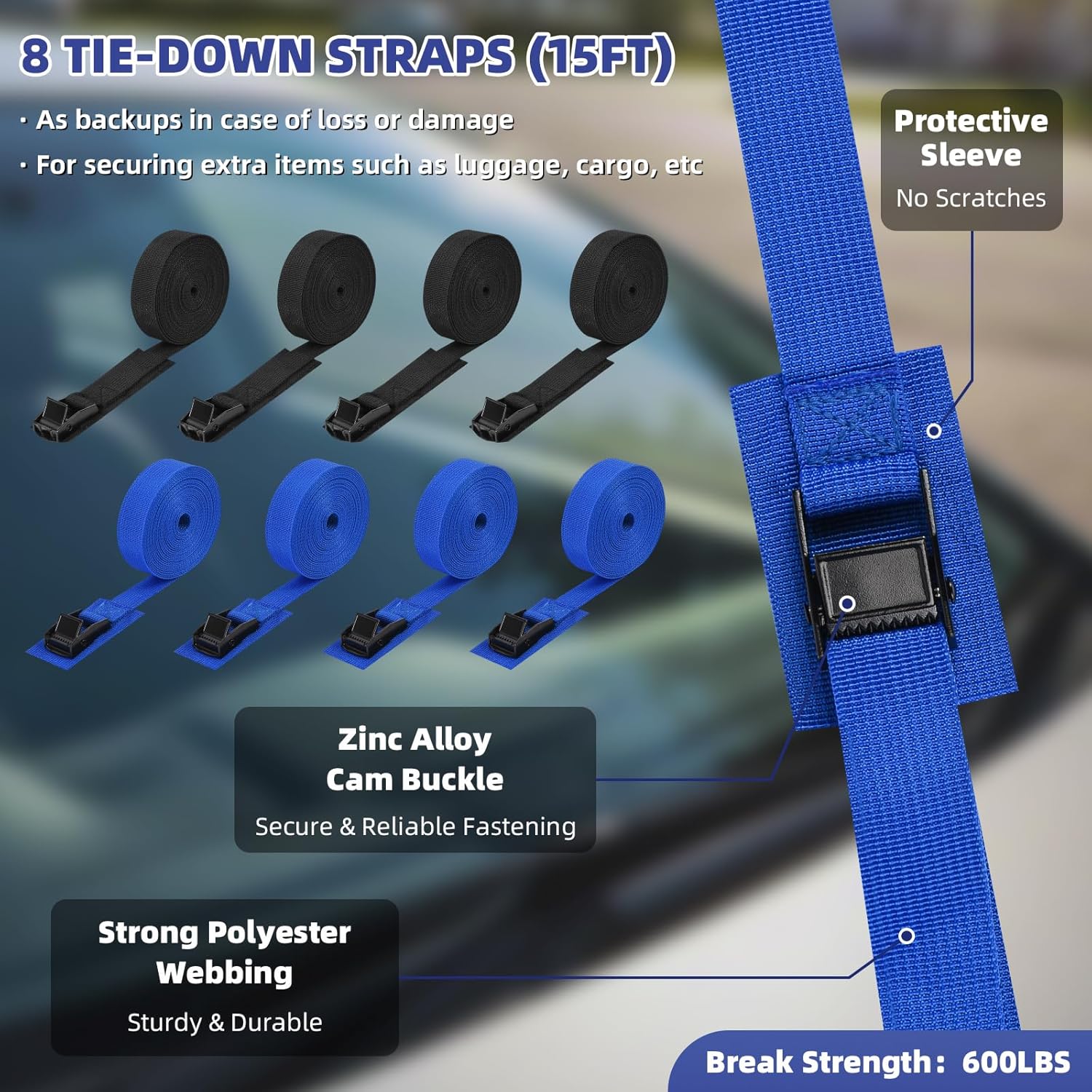 Universal Soft Roof Racks for Kayak, Car Roof Racks System for Surfboard Paddle Board, Heavy-Duty Surf Car Rack with 8 Tie-Down Straps 15FT, 2 Tie-Down Ropes, 2 Quick Loop Straps, Widely Compatible