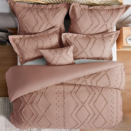 Miniatura 2 de Gemarwel Juego de funda de edredón rosa, tamaño Queen Boho, juego de ropa de cama jacquard copetudo, 3 piezas, estilo rural para todas las