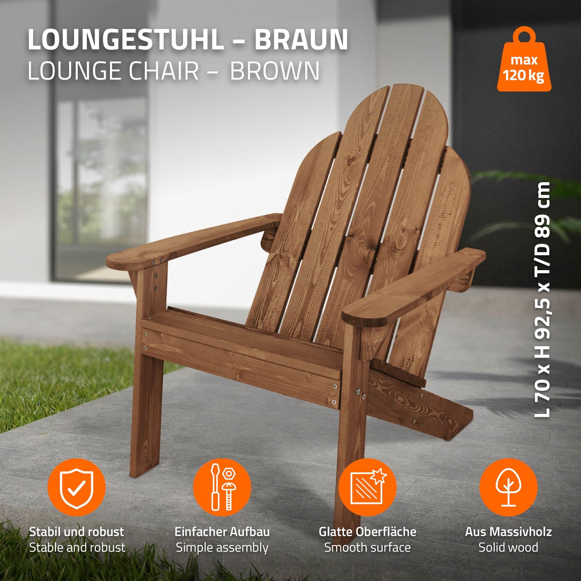 ECD Germany Sedia Adirondack in Legno Massiccio di Abete 92,5 x 70 x 89 cm Marrone Poltroncina da Giardino con Schienale e Braccioli Seduta Ergonomica Resistente alle Intemperie Costruzione Robusta