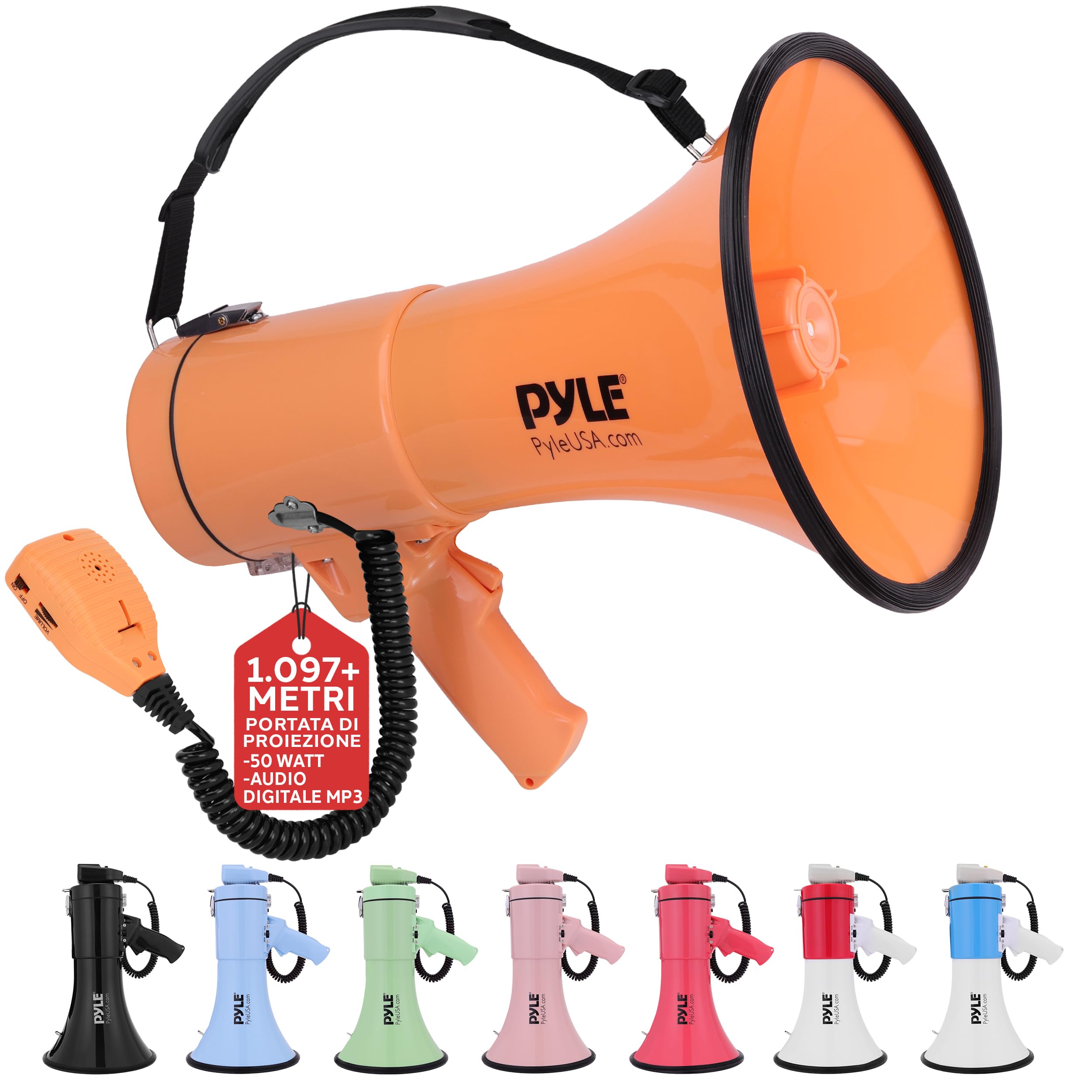 Pyle Megafono da 50 W, Portatile, Sirena Automatica e Volume Regolabile, Portata di proiezione Fino a 1200 Metri Quadrati, Ingresso AUX, Conversazione, Sirena, Musica, Fischietto e Registrazione,