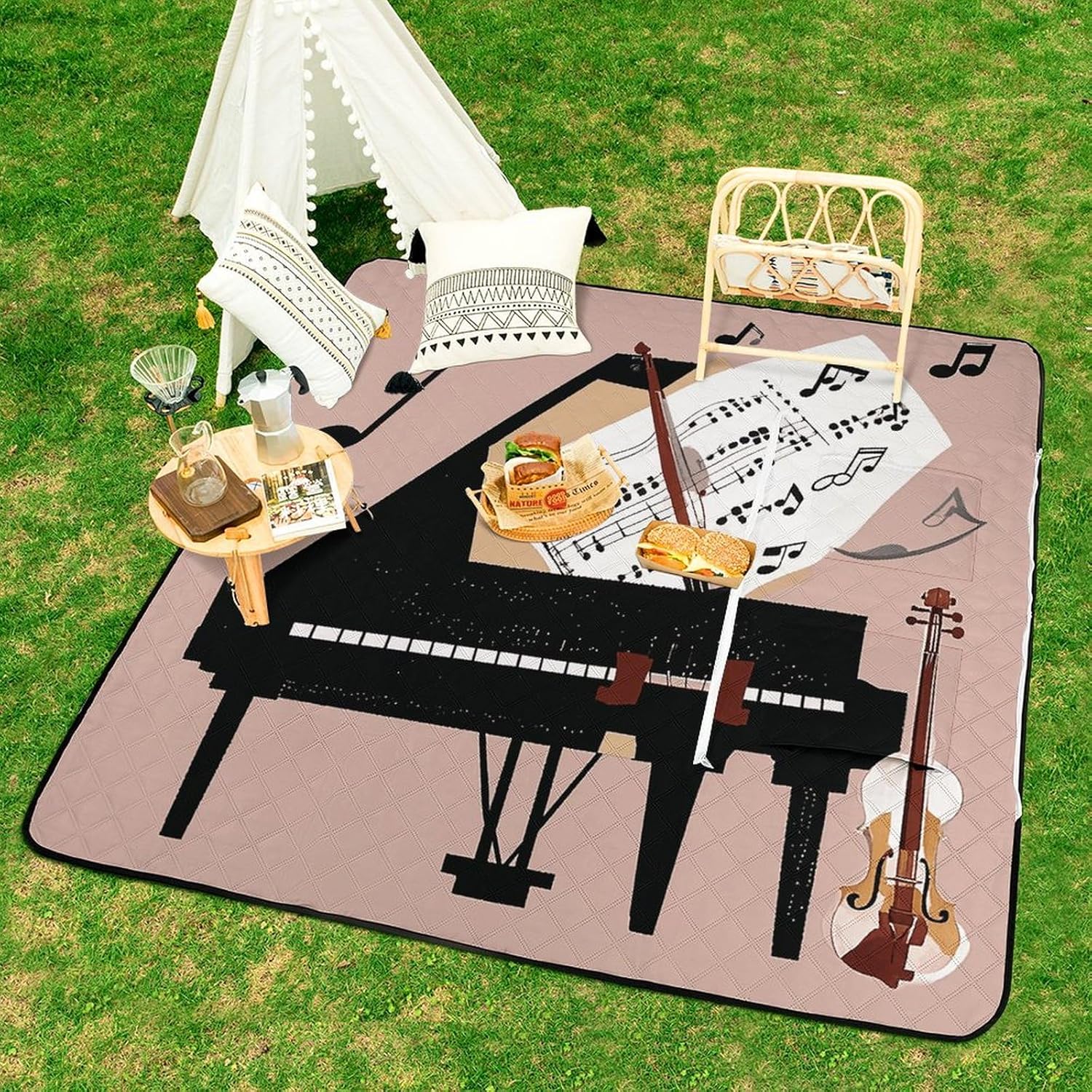 Piano Violin Music Notes Picnic Blanket Zipper Style Waterproof Foldable Outdoor,Picnic Mat Foldable As A Shopping Bag for Ladies, Portable Outdoor Blanket for Camping