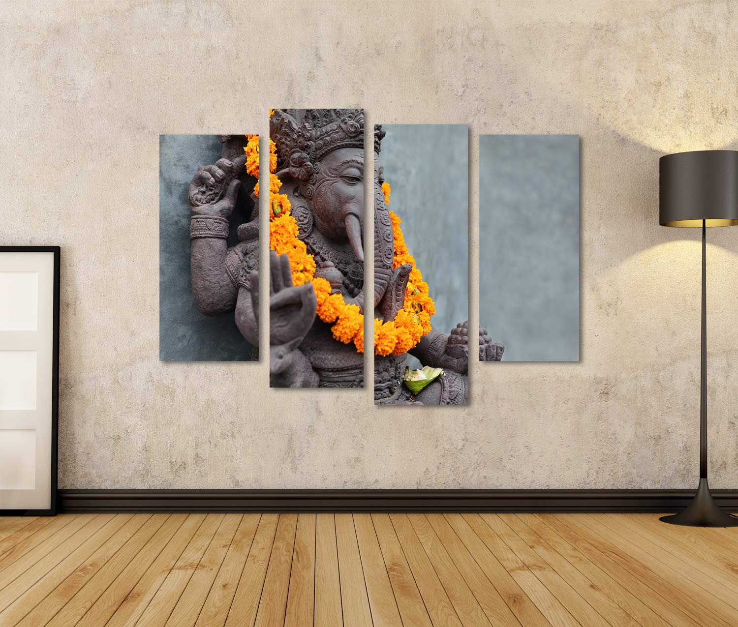 islandburner Quadro su tela Ganesha con maschere balinesi Barong seduto davanti al tempio decorato per il festival religioso di Or Stampe Arte Poster Murale