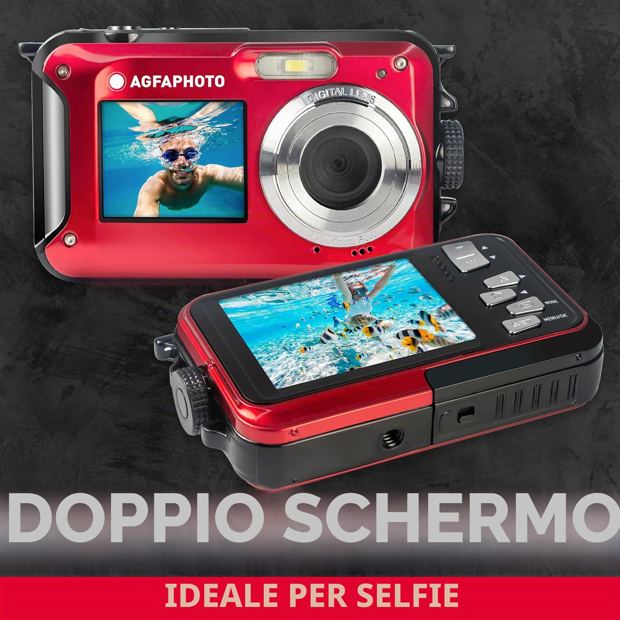 AGFA PHOTO Realishot WP8000 - Fotocamera Digitale Impermeabile, 24 MP, Video Full HD, Doppio Schermo LCD, Zoom Digitale 16x, Stabilizzatore Digitale, Batteria al Litio - Rosso