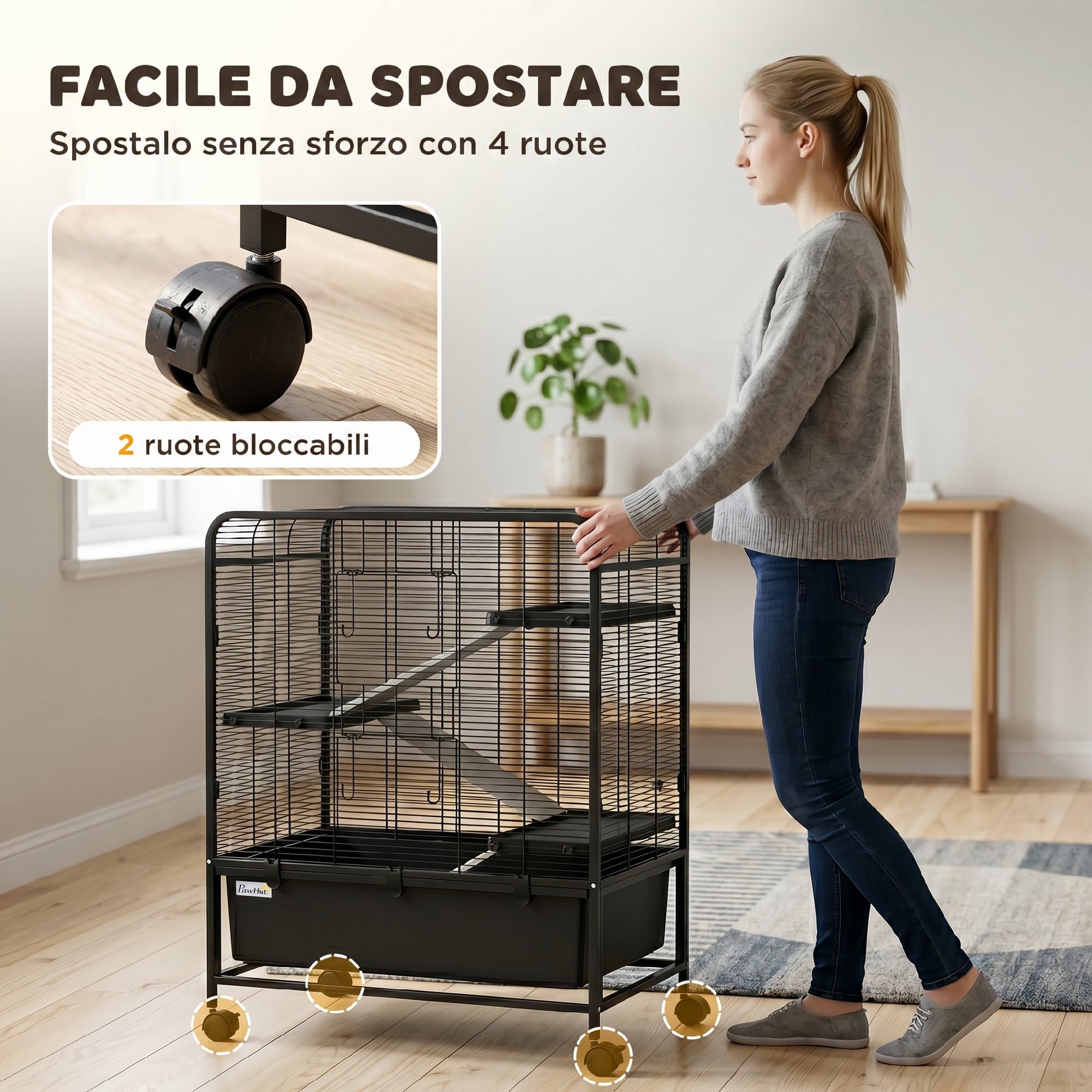 PawHut Gabbia per Conigli in Acciaio a 4 Livelli con Piattaforme, Rampe, Ruote, Serbatoio Acqua, Ciotola e Vassoio Rimovibile, Gabbietta per Criceti, Porcellini d'India, Furetti, 75x46x94.5 cm, Nero