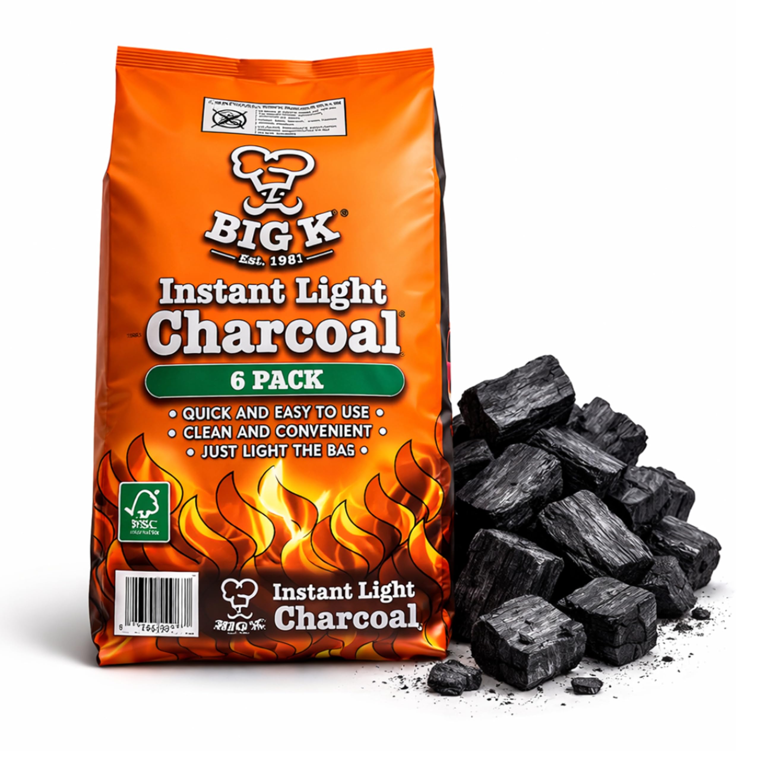 Big K Instant Light Lumpwood Charcoal Bags - 6x1kg BBQ Coals Instant Bags are easy to use. Take the stress out of your BBQ with Instant Charcoal. Comes with Topline Card