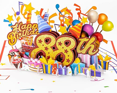 Miniatura 10 de iGifts And Cards Tarjeta desplegable 3D de feliz cumpleaños 88 – Diseño azul con números de purpurina, globos, pasteles y regalos – Tarjeta