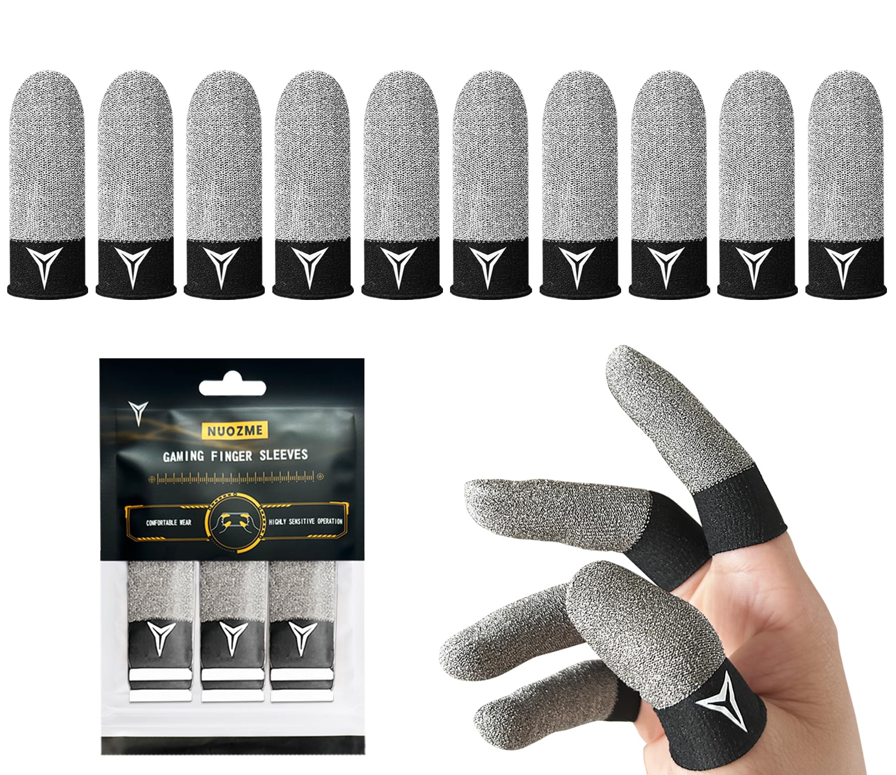 2025 Upgrade: Longer Size for 5 Fingers,Visible Pure Silver & Carbon Fiber Professional Finger Sleeves for Mobile Gaming–No Rubber Band, Maximum Touch Sensitivity, Anti-Sweat,10 Pack (M)
