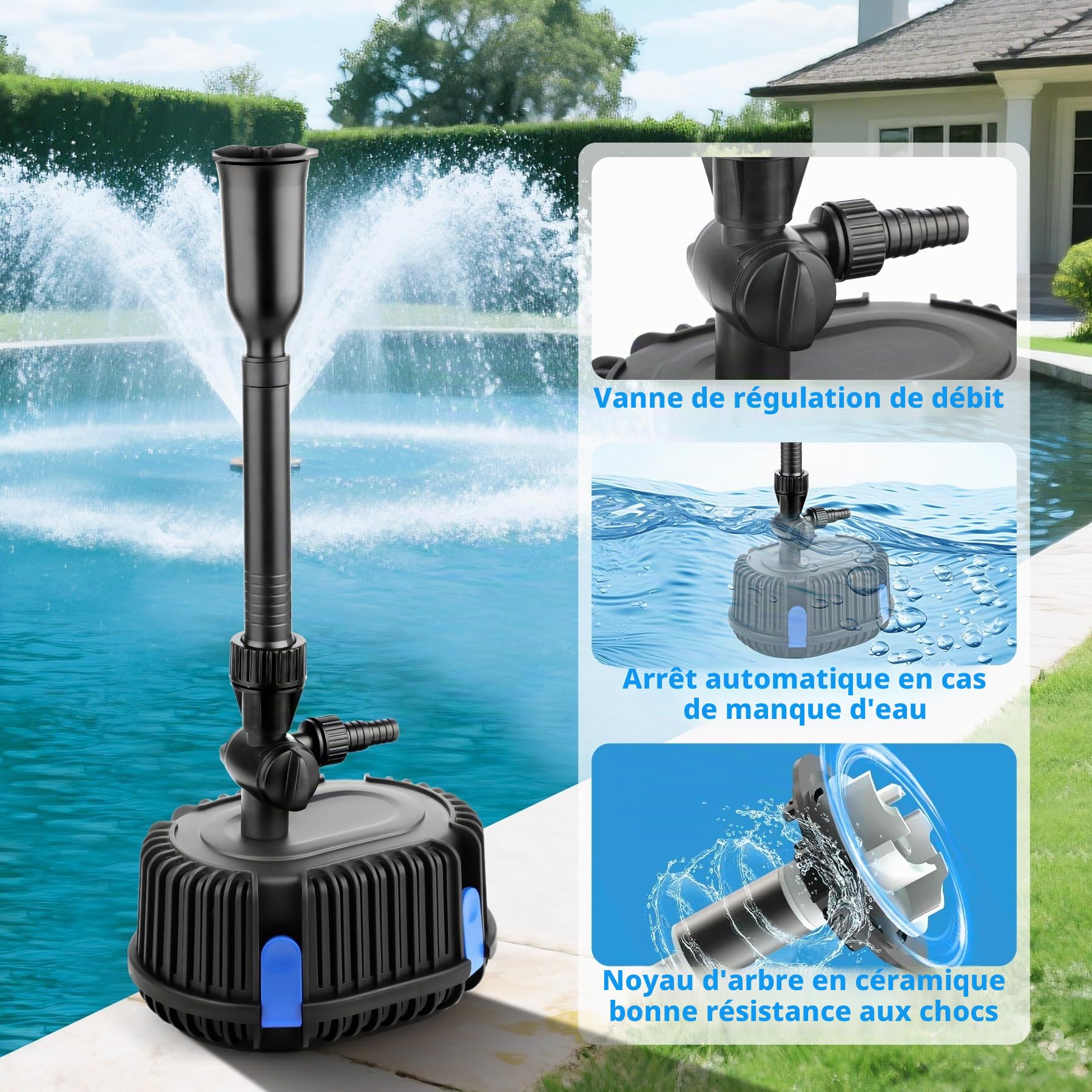 Pompe de fontaine Pompe de jardin Pompe de bassin pour cours d'eau, cascades, fontaines 20 Watt 1000L/H CHP-1000