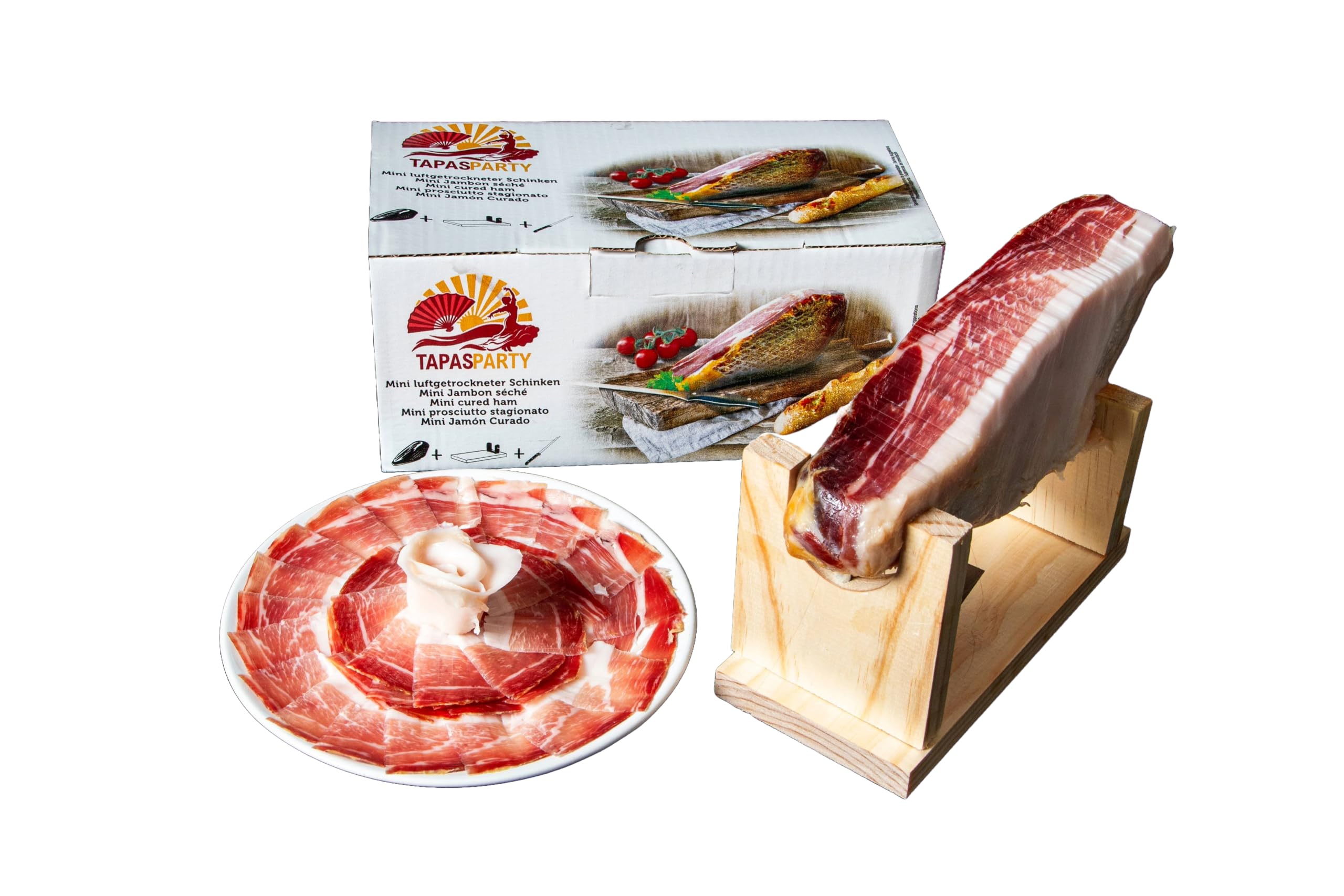 Spanisches Tapas Party Deluxe Set Mini Serrano Schinken 1kg Ständer Messer Chorizo Lomo Fuet Gourmet Geschenkkorb Feinkost