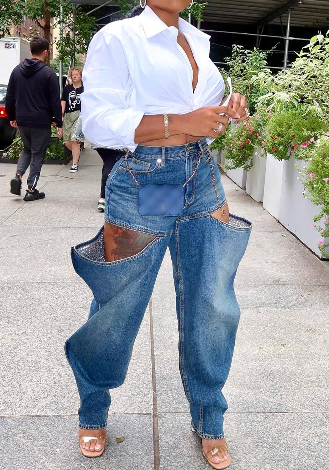 Vakkest Women's Baggy Denim Jeans Patchwwork Pants High Cutout Straight Wide Leg Stretchy Ripped Pants Y2K Streetwear - Image 3