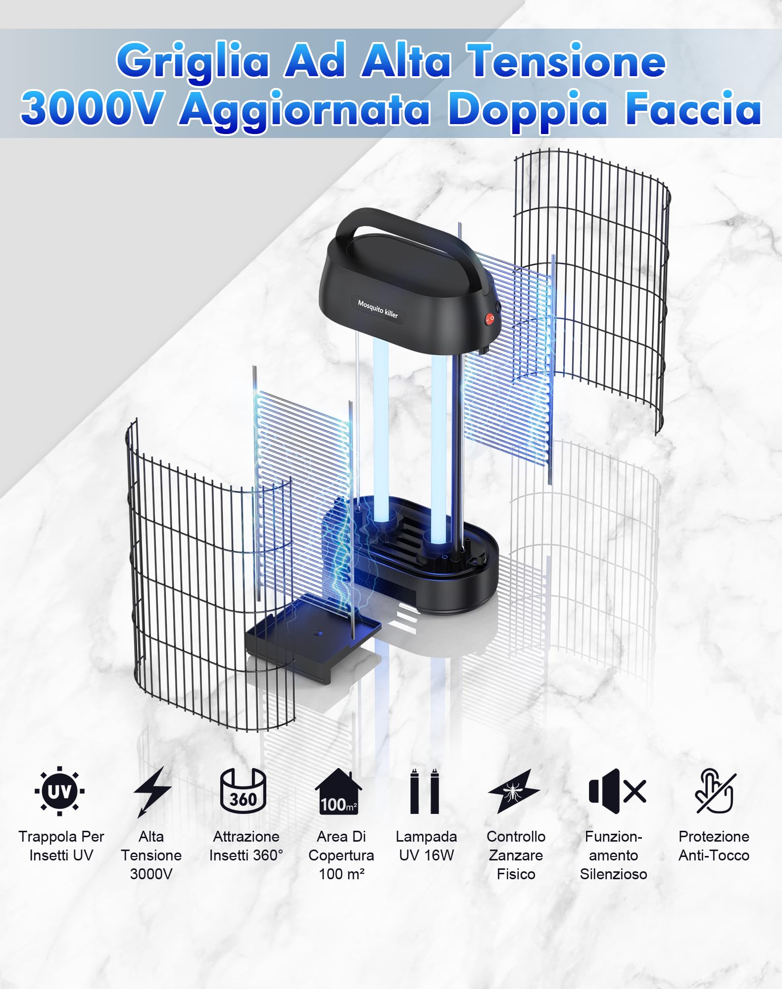 Lampada anti-zanzara 3000 V, uccide mosca elettrica UV 16 W, trappola zanzara con gancio portatile, sicura, ecologica e silenziosa, per interni ed esterni (100 m²)
