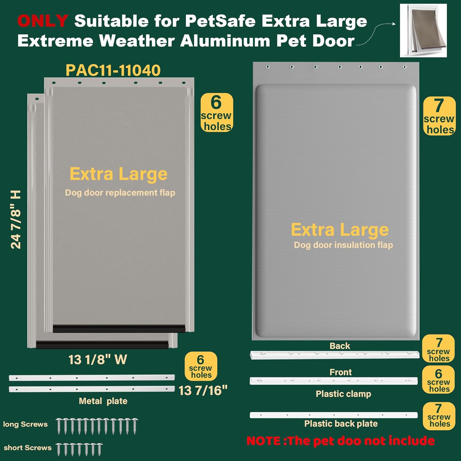 3 Pack Extra Large Dog Door Replacement Insulation Flaps with Clamp & Metal Front Plate - Compatible with PetSafe Freedom Doggie Doors PAC 11-11040, Extreme Weather, Measures 13 1/8”x 24 7/8”